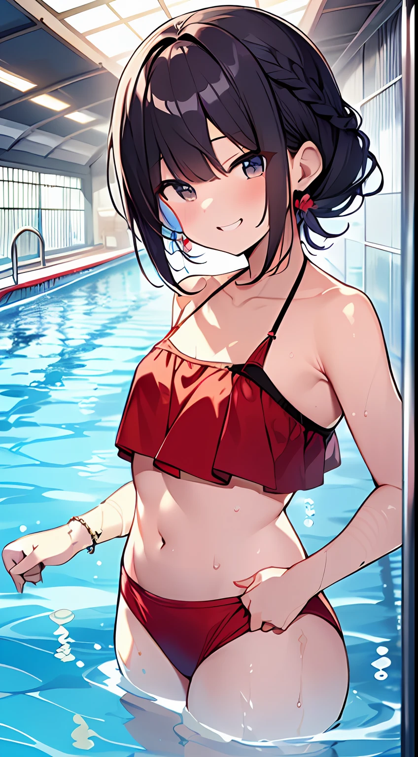 (Incredibly ridiculous absolute resolution:1.5)、hiquality、top-quality、masuter piece、Anime girl in red and white bikini, 魅惑的、Anime Loli, 8k Manga Wallpapers, Smile、Shy laughter、((small curvy loli))、 pretty anime girl,((swimming pools))、(Medium Shorthair)、(short braided hair)、blurry backround