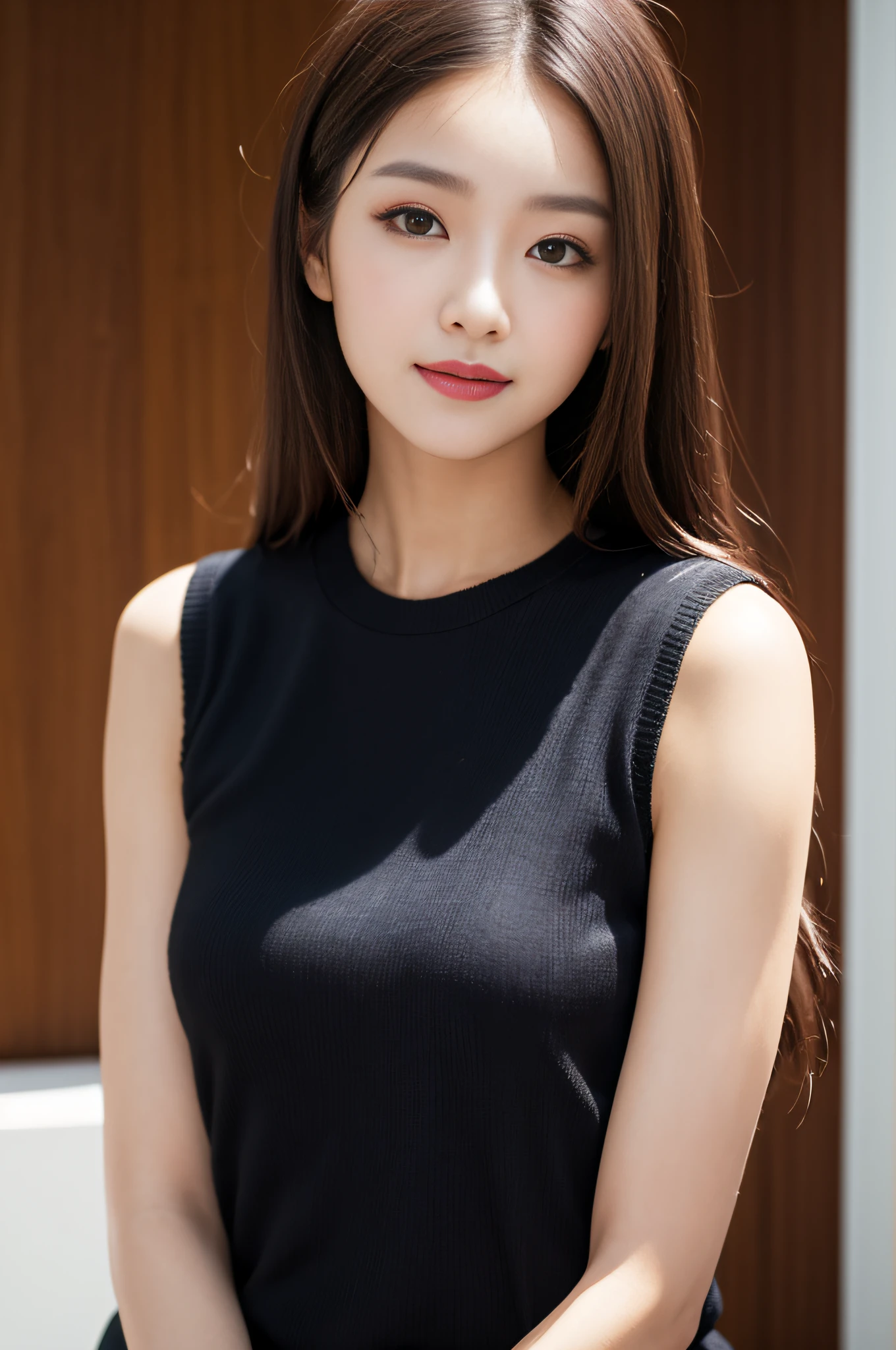 ((best qualtiy、8k masterpieces:1.3))、foco nítido:1.2、(ultra beautiful faces:1.0)、(shinny skin:1.0)、photos realistic、A dark-haired、Video Lighting、High-definition eyes and face、Video Lighting、(Korean Cute Actress)、from the front side、medium large breasts、ssmile、Sleeveless、Slender Abs Beauty、Wearing a tar-neck knitted shirt