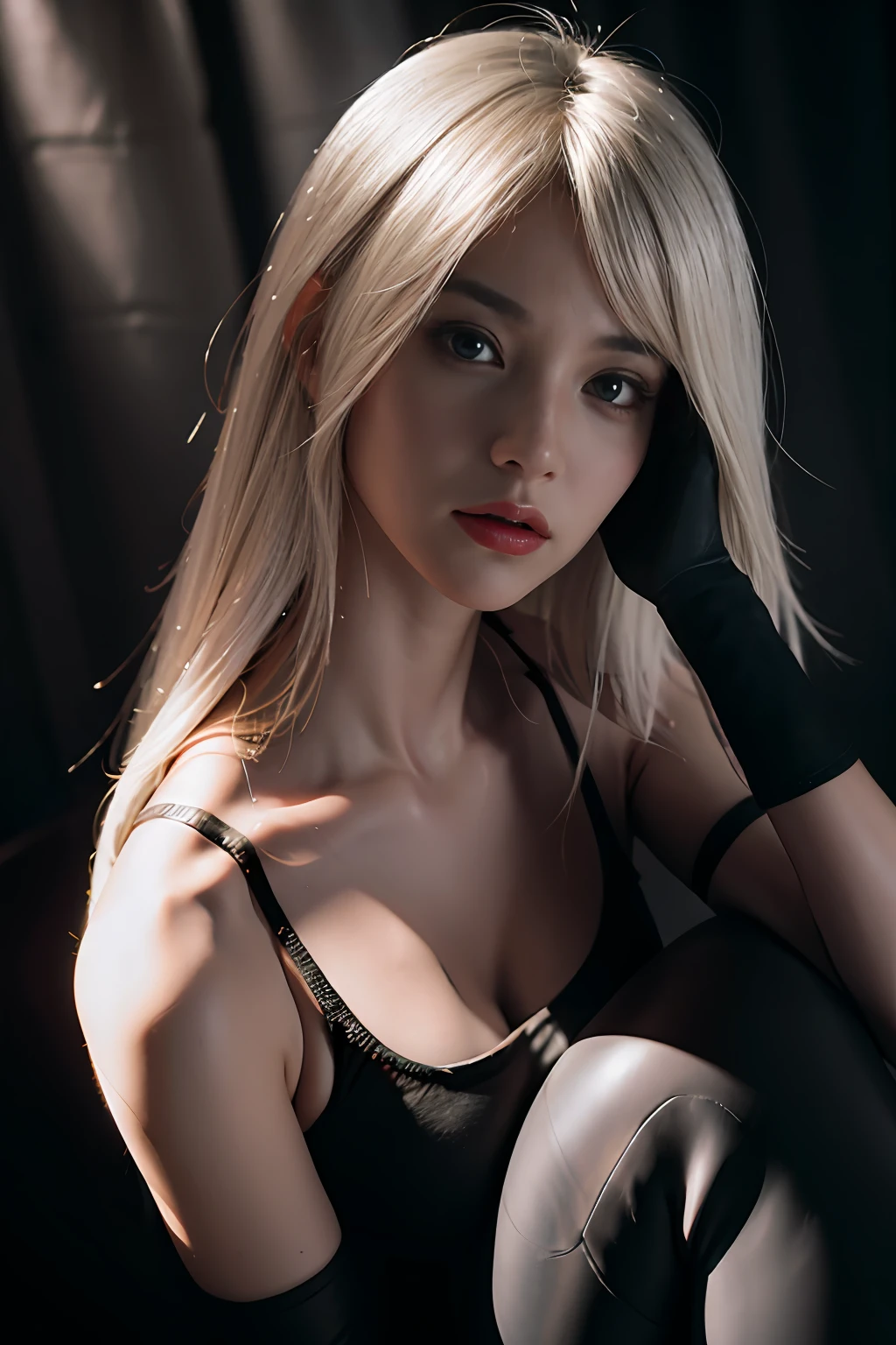 masterpiece, 8k, high quality (photography) of (Beautiful) (yorha type a no. 2), (NIER), (detailed face), maximum details, (diffuse lighting), CANON EOS, (cinematic:1.2), (ISO 100:1),  armlet, bare shoulders, black gloves, black tank top, pantyhose, blue eyes, elbow gloves, gloves, hair between eyes, joints, long hair, science fiction, tank top, white hair