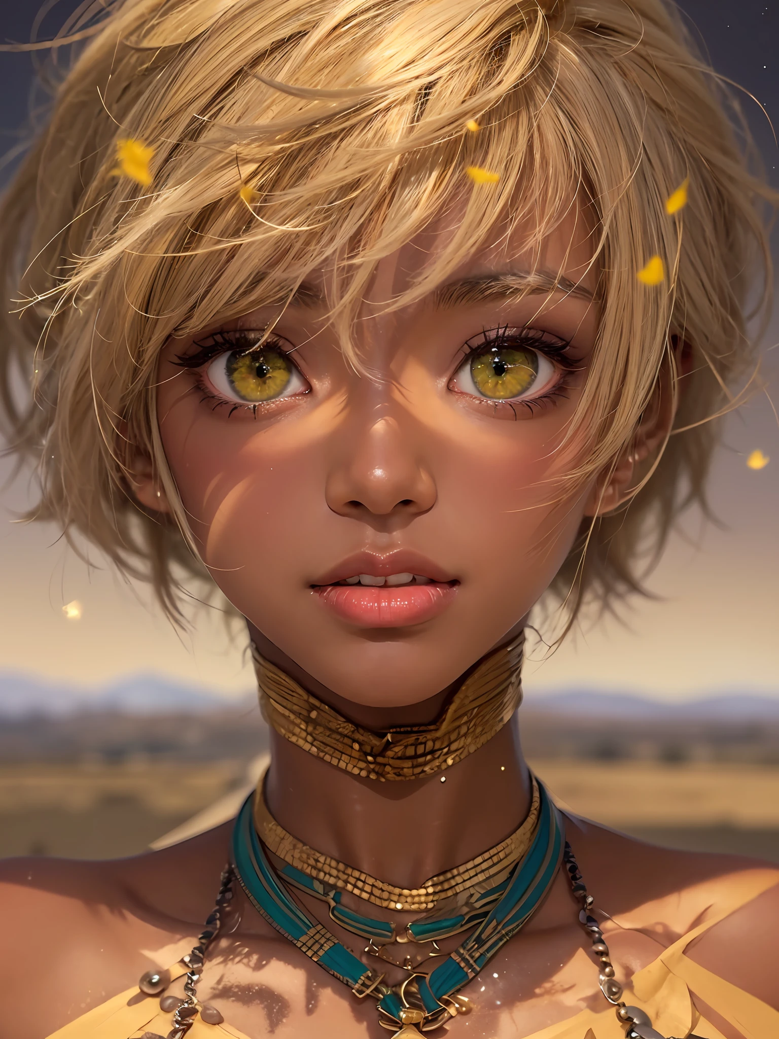 1woman, pretty face, masterpiece, sedutive, dark skin, tanned skin, short hair, yellow hair, green eyes, yellow eyelashes, yellow eyebrows, messy hair, bangs hair, nigth desert, night star, sky, front view, muscular, perfect boobs