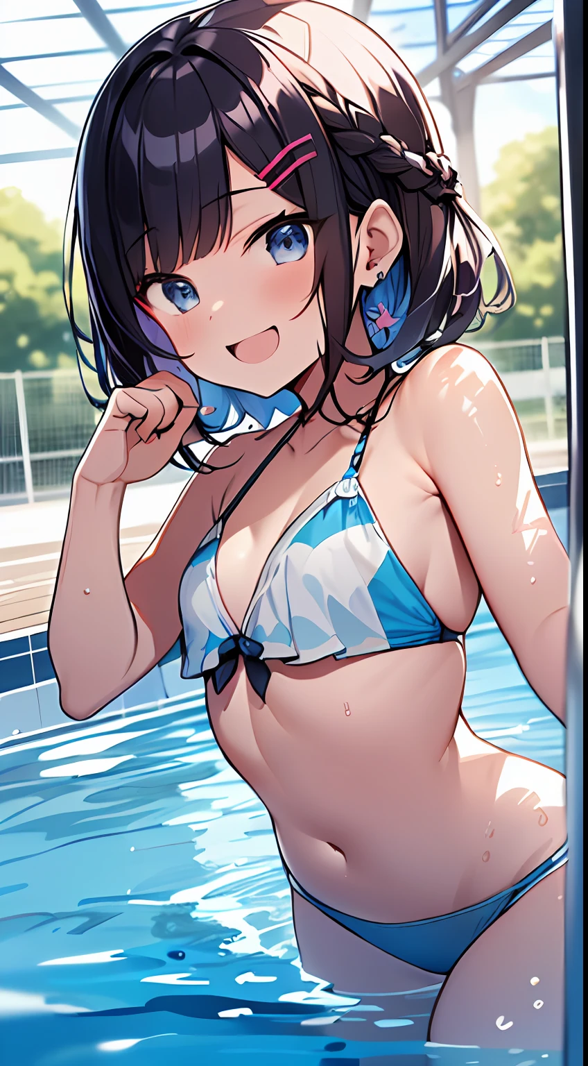 (Incredibly ridiculous absolute resolution:1.5)、hiquality、top-quality、masuter piece、Anime girl in light blue and white bikini, 魅惑的、Anime , 8k Manga Wallpapers, Smile、Shy laughter、((small curvy loli pretty anime girl,((swimming pools))、(Medium Shorthair)、(short braided hair)、blurry backround