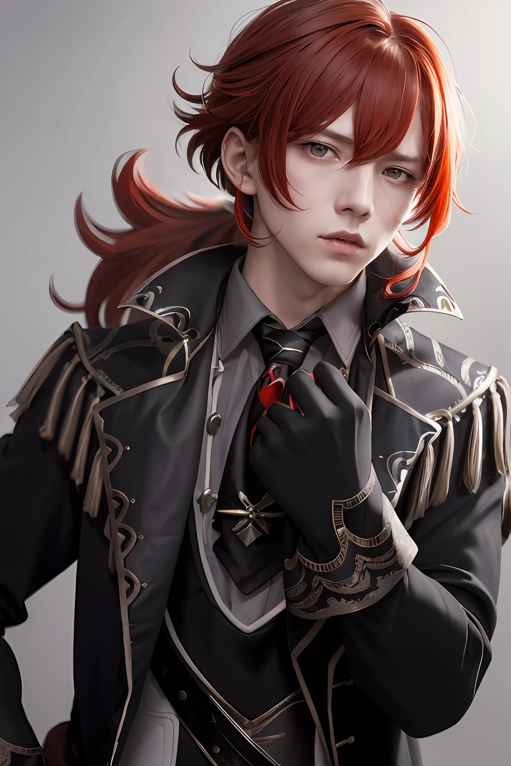 masterpiece, best quality,diluc (genshin impact), 1boy, red hair, male focus, long hair, gloves, solo, red eyes, bangs, long sleeves, looking at viewer, jacket, hair between eyes, ponytail, black gloves, black jacket,  (grey background:1.4),(kbxll:0.6)