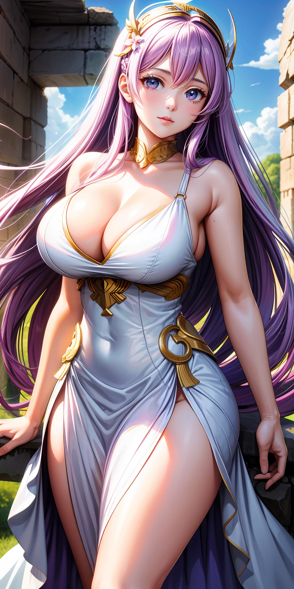 Big breasts, 1girl, ((Saori Kido-Athena)) with full breasts, Her hair light violet or purple in the anime, and her eyes are green. Her hair is quite long and abundant, She has a slim and curvy body, a delicate face and pink lips, long white dress, has a youthful appearance, quality, realistic, best quality, sexy position, night, ruins of ancient Greece