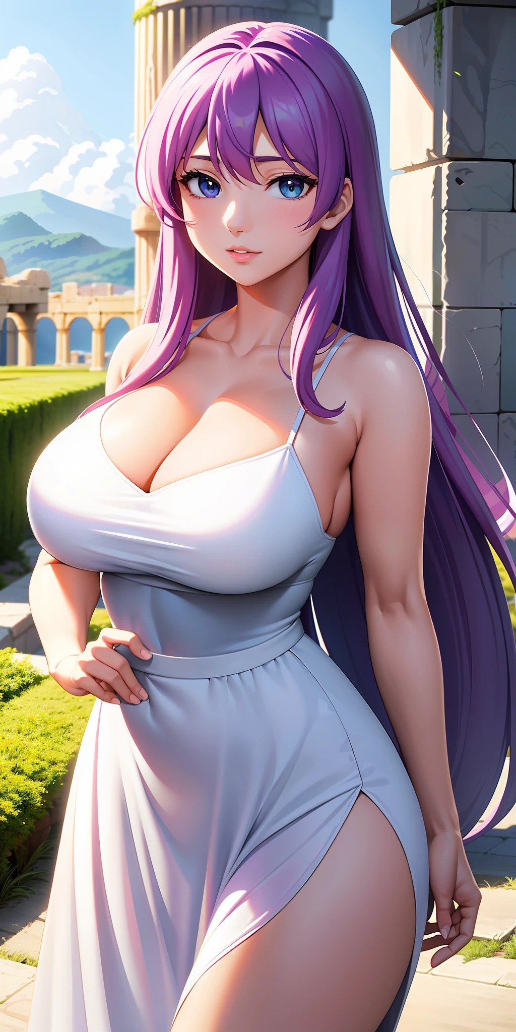 Big breasts, 1girl, ((Saori Kido-Athena)) with full breasts, Her hair light violet or purple in the anime, and her eyes are green. Her hair is quite long and abundant, She has a slim and curvy body, a delicate face and pink lips, long white dress, has a youthful appearance, quality, realistic, best quality, sexy position, night, ruins of ancient Greece