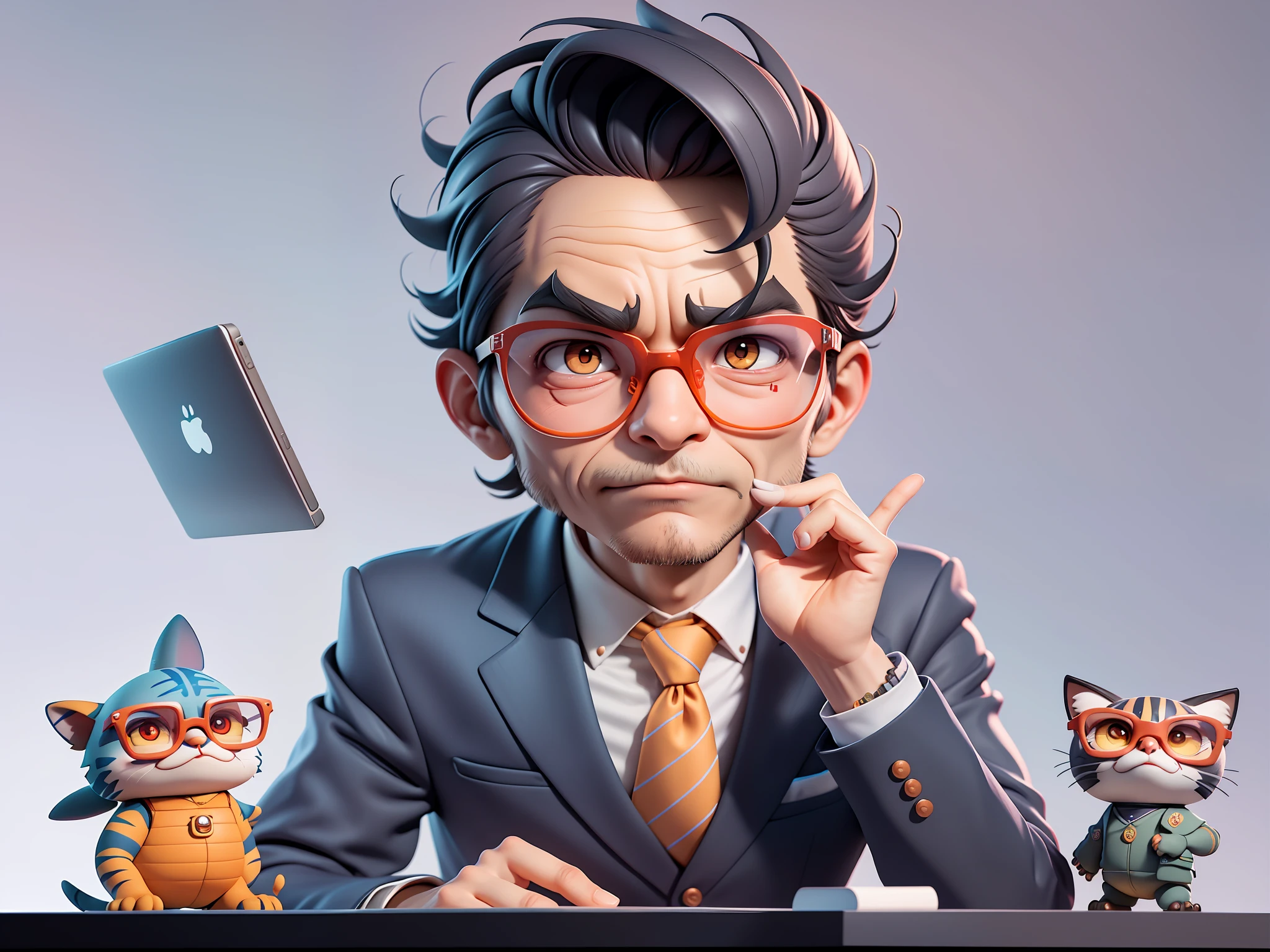 A young man in a suit, Short hair and glasses sat at his desk，holding laptop，digitial painting，tigre，3D character design by Mark Clairen and Pixar and Hayao Miyazaki and Akira Toriyama，4K HD illustration，Very detailed facial features and cartoon-style visuals。