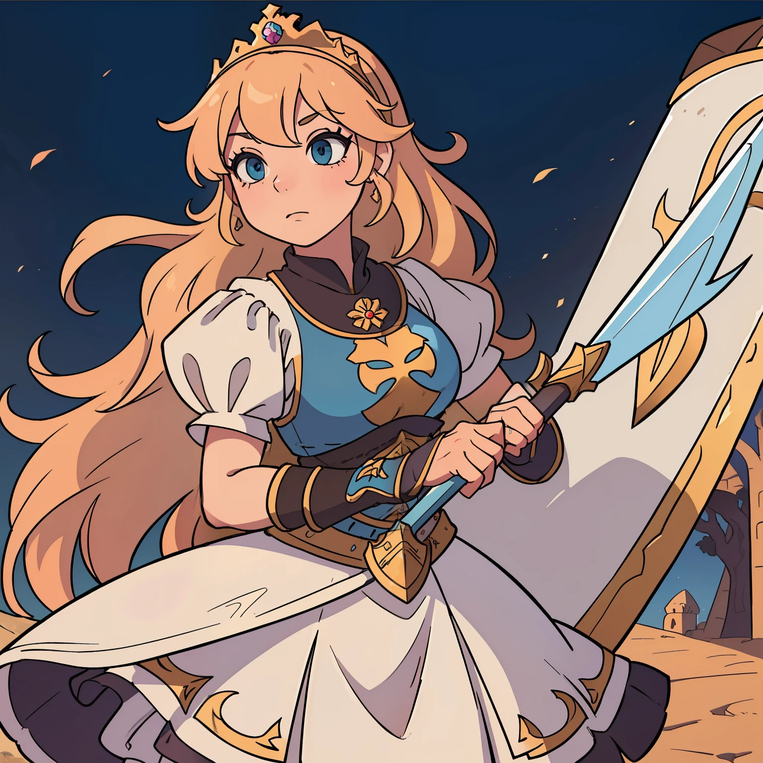 obra-prima, melhor qualidade, alta qualidade, uma guerreira, armadura medieval, castelo ao fundo, princessa peach