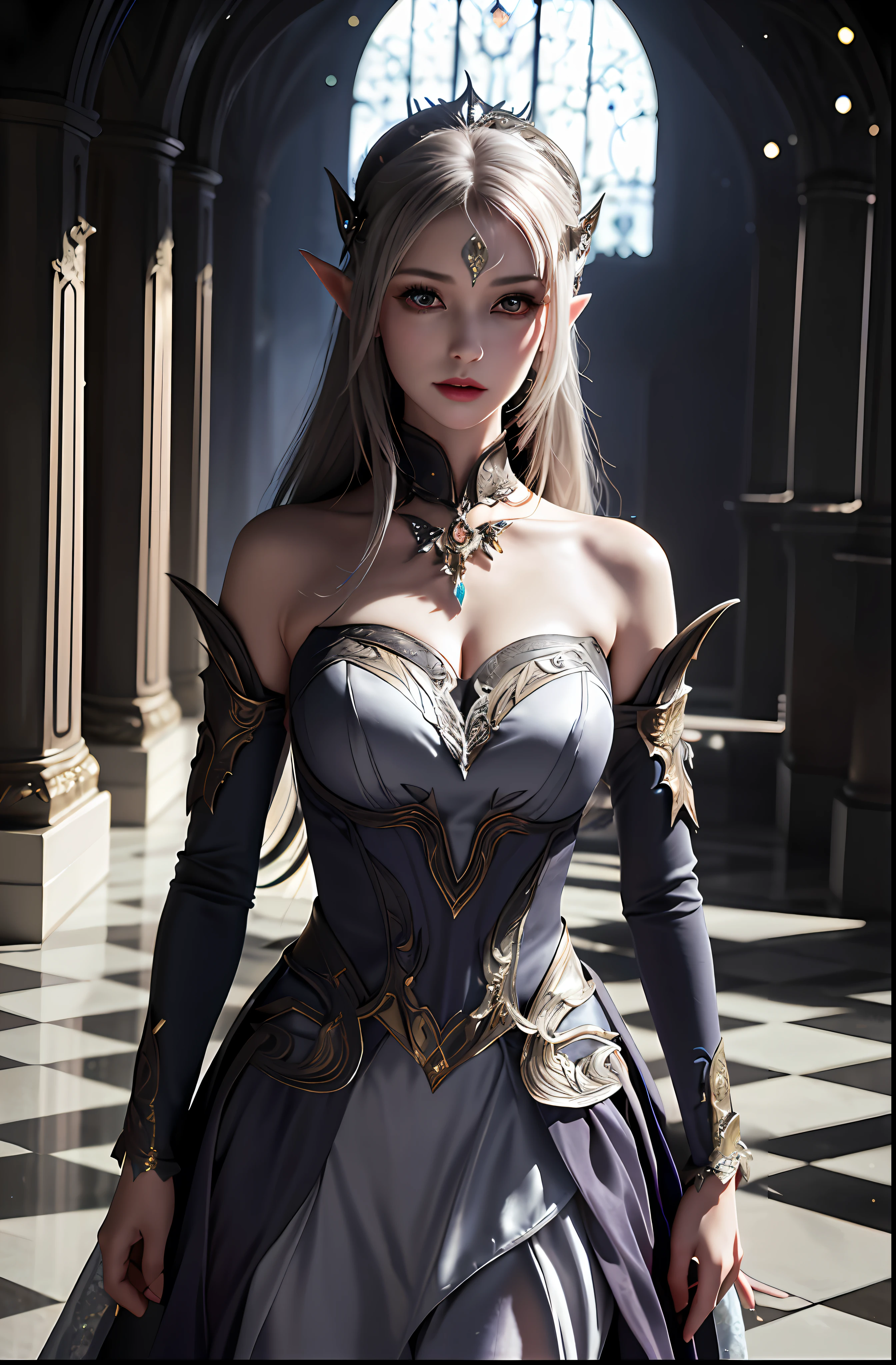 Close-up of a woman in a dress standing in the room, beautiful and elegant elf queen, elegant cinematic fantasy art, beautiful elegant demon queen, dark elf princess, fantasyoutfit, very beautiful elven top model, elegant cinematic pose, beautiful elven princess, Gorgeous Role Play, beautiful and elegant female elf, fantasy style clothing, Fantasy Woman, beautiful dark elf countess