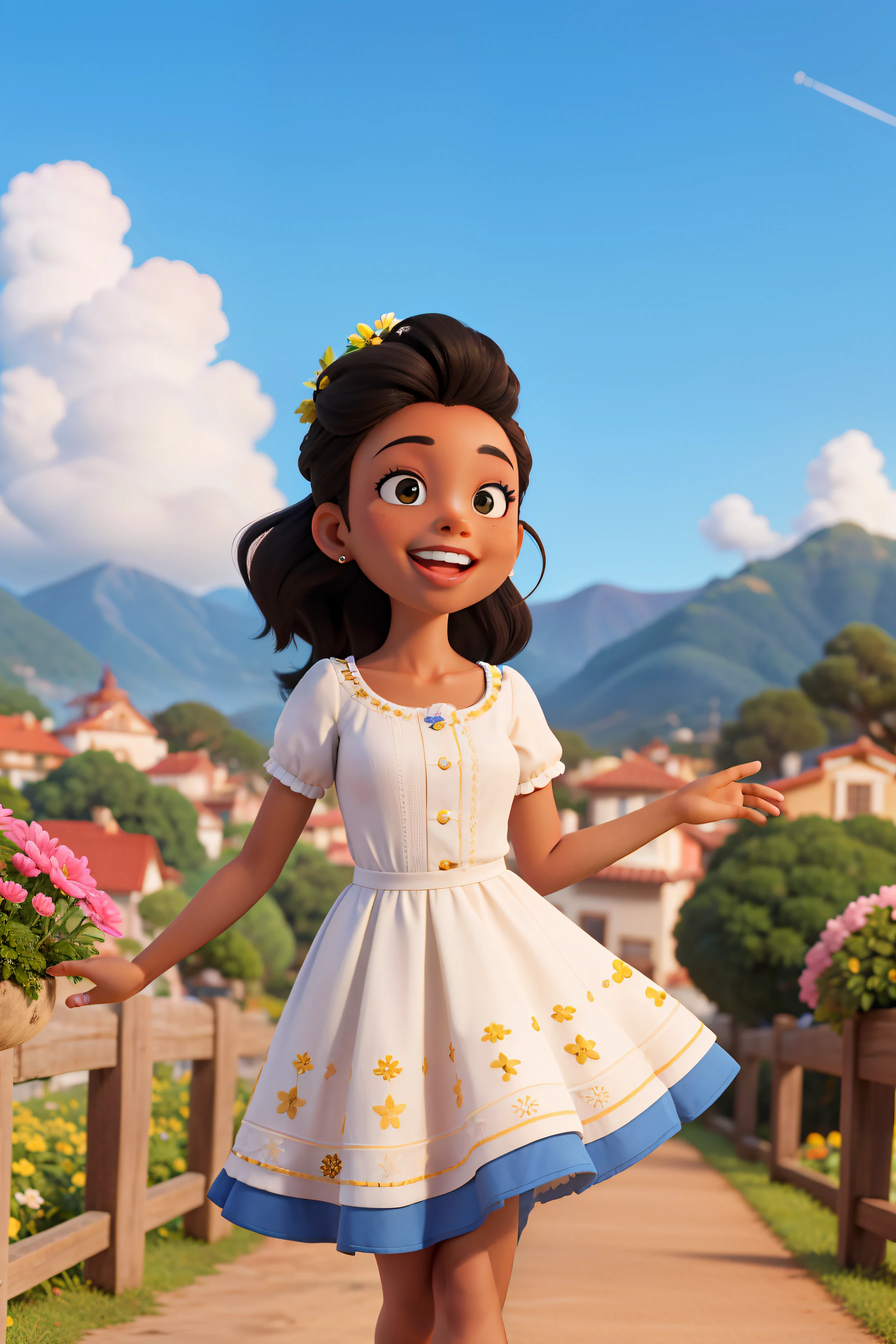 obra-prima, alta qualidade melhor qualidade, 1girl, cabelos longos e negros, morena, cabelo liso, sorridente, Blue sky with clouds, paisagem bonita, jardim, flores rosa, alta qualidade, Disney pixel, frente