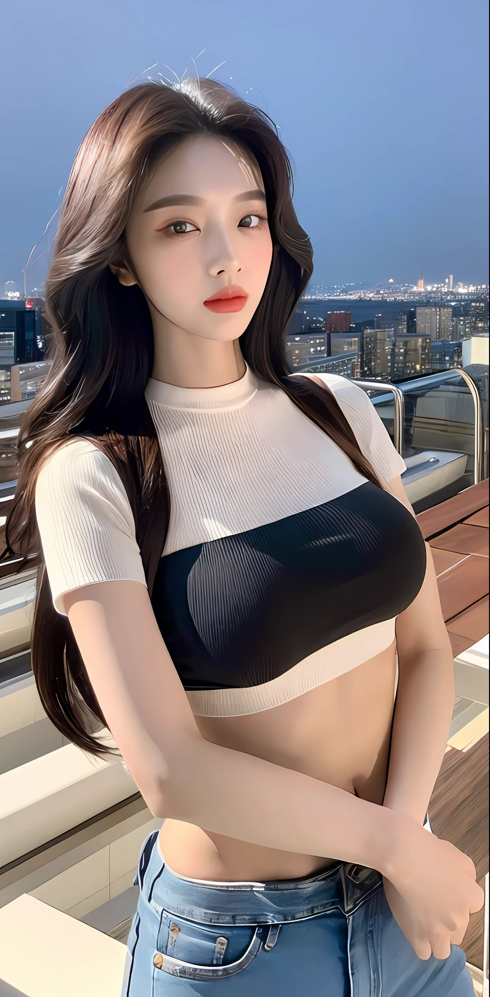 ((Midnight, Best quality, 8k, Masterpiece :1.3)), Whole body, Long legs, Sharp focus :1.2, A pretty woman with perfect figure :1.4, Slender abs :1.1, ((Dark brown hair, Big breasts :1.2)), (White tight tshirt, crop top, Jean bib, Standing:1.2), ((Night city view, Rooftop:1.3)), Highly detailed face and skin texture, Detailed eyes, Double eyelid