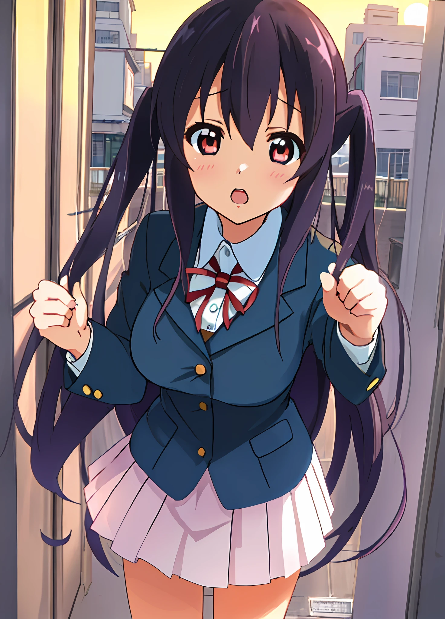 1girl, (((masterpiece))), top-quality, top-quality, High Details, nakano azusa, 1girl, Sakuragaoka High School Uniform, student clothes, Twin-tailed, length hair, A dark-haired, brown-eyed, 独奏, reddish, Dark blue blazer with thin red ribbon, Solid white buttoned shirt under blazer, illustratio, comic strip, soothing tones, Subdued Color, Soft cinematic light, adobe lightroom, photolab, HDR, intricately and hyper-detailed、(((depth of fields))))。(((masterpiece)))。(((top-quality))).)((ultra-detailliert)))。(((illustratio)))。(((takeout))).dynamic focus.big breasts.(((Skyscrapers))).(((A city scape))).(((Face of sadness))). open mouth.(((fighting stance))).(((up chest))).((evening glow)).((the setting sun)).