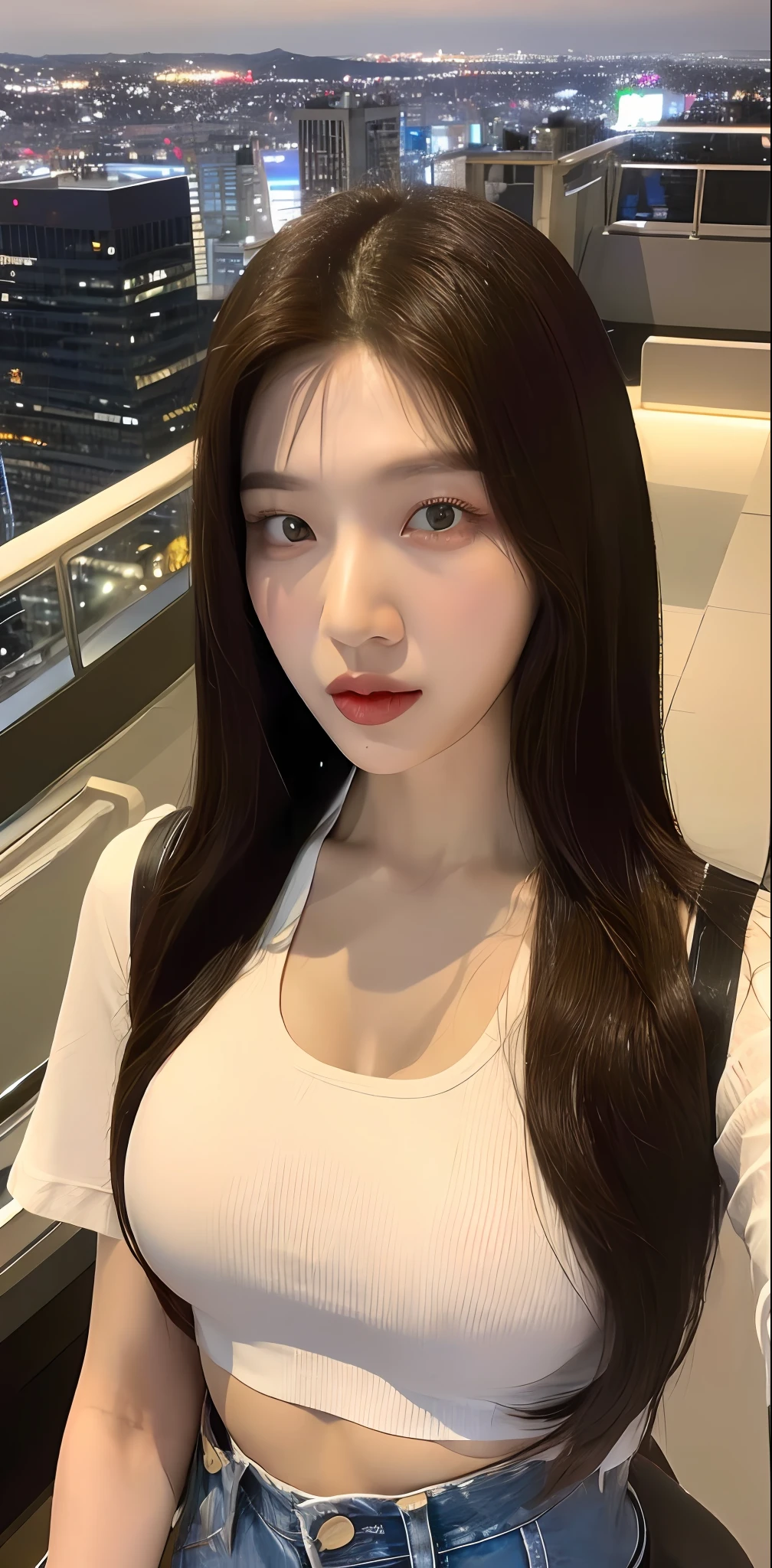 ((Midnight, Best quality, 8k, Masterpiece :1.3)), Whole body, Long legs, Sharp focus :1.2, A pretty woman with perfect figure :1.4, Slender abs :1.1, ((Dark brown hair, Big breasts :1.2)), (White tight tshirt, crop top, Jean bib, Standing:1.2), ((Night city view, Rooftop:1.3)), Highly detailed face and skin texture, Detailed eyes, Double eyelid