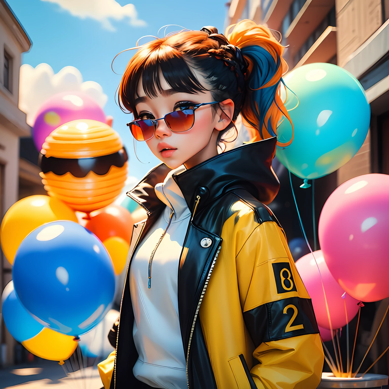 Loli girl, beautiful and cute, wearing blue sunglasses, yellow jacket, white sweatshirt, lots of colorful balloons, , chibi style, red and blue two-color hair, ponytail braided hair, perfect detail eyes, delicate face, perfect CG, HD picture quality, colorful balloons, sky, --auto --s2