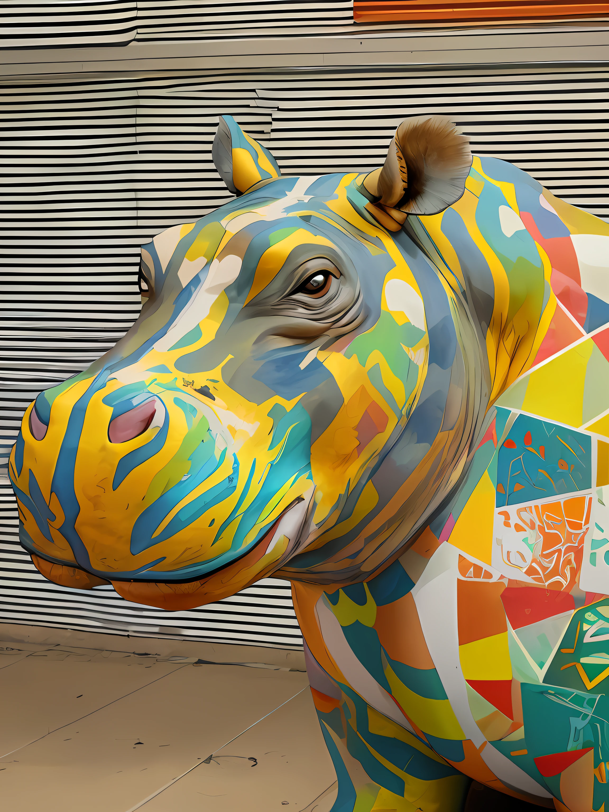 Hippo with colorful geometric paint all over its body.