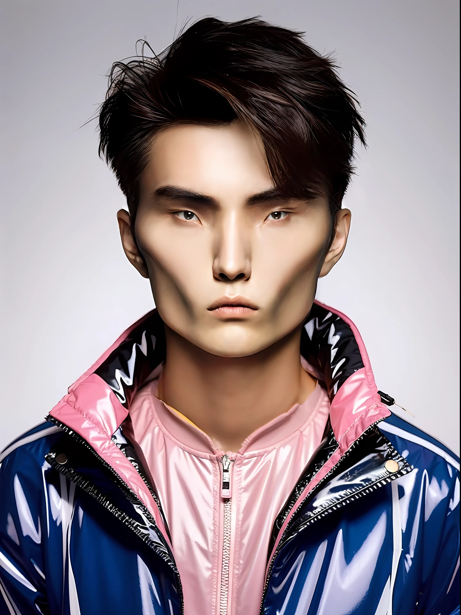 Chinese male high school student,Wearing a PVC light pink storm jacket