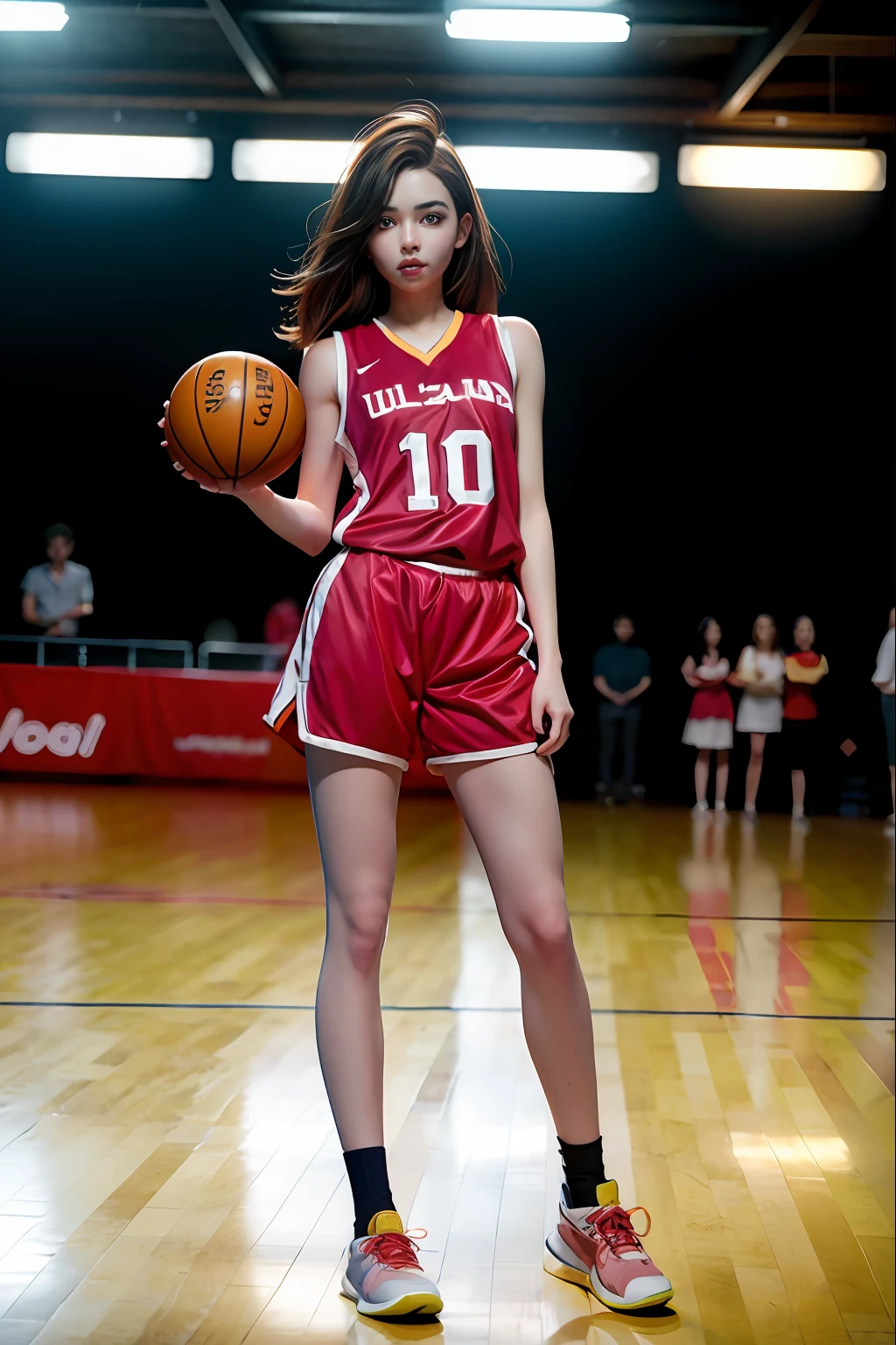 (8k, Best Quality, Masterpiece: 1.2), (Realistic, Realistic: 1.37), Ultra Detailed, Best Quality, Ultra High Resolution, Professional Lighting, Photon Mapping, Radiosity, Physically Based Rendering, Cinematic Lighting, Basketball court, depth of field, clear focus, sunlight, good composition, (bokeh: 1.2) 1girl, solo, (full body), (closed mouth), beautiful and detailed eyes, pose, narrow waist, basketball uniform, black hair , messy hair, long hair blowing in the wind, (ulzzang-6500:1.2) mix4, hiqcgbody