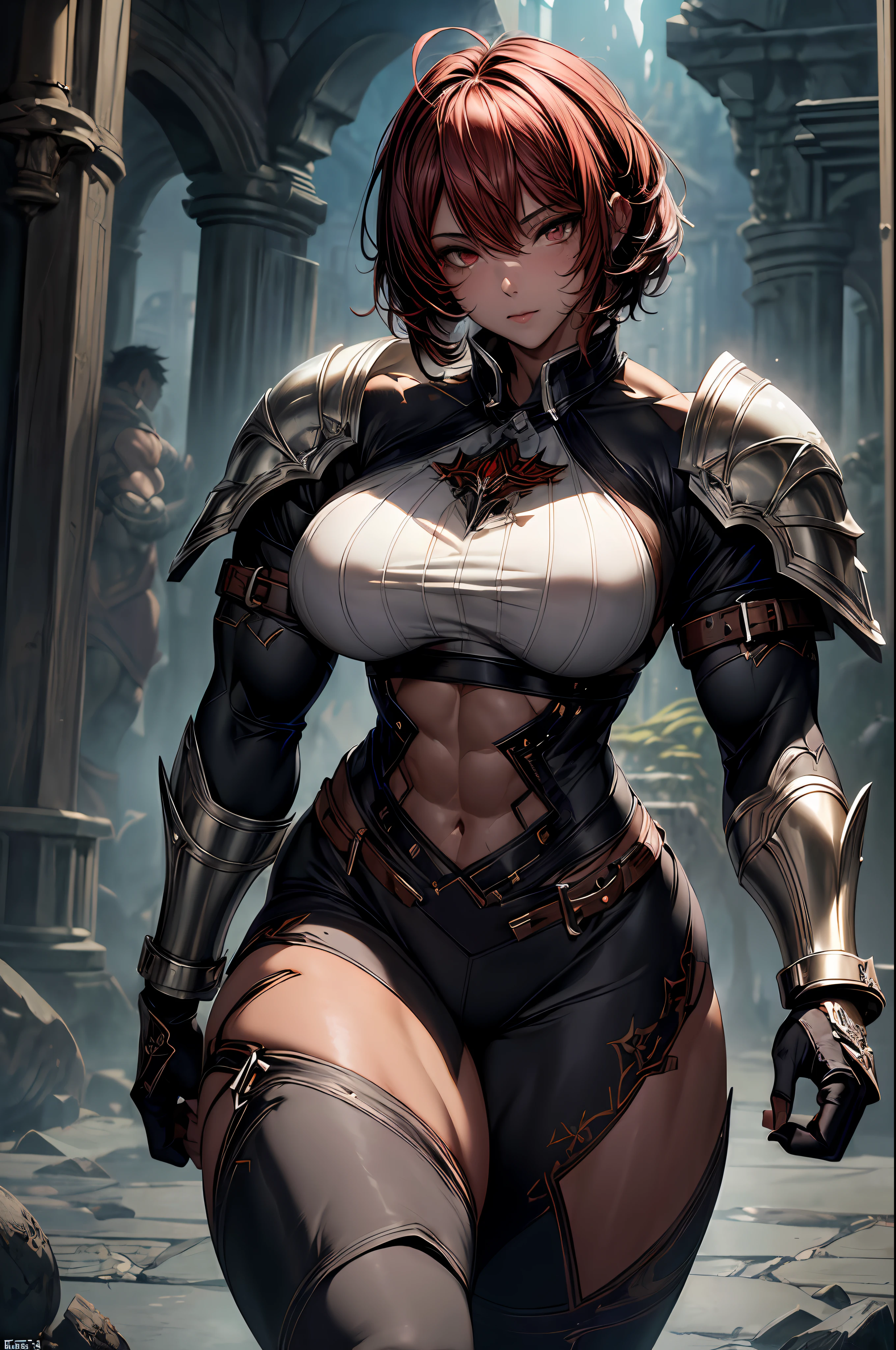 ((body builder:1.4)),(extremely detailed CG unity 8k wallpaper), (masterpiece), (best quality:1.2), (highres), (illustration:1.1), (cinematic light:1.1), finely detailed, intricate details, (best illustration), 8k resolution, intricate details, best quality, realistic, ultra-detailed, best illumination, best shadow, ultra-HD, cryengine, ultra hd, (detailed reflection), detailed shadows, (((intricate details))), smooth, ((perfect shading)), high quality metal texture, metallic luster, highly detailed illustration, (semi realistic:1.6), (wide_shot:1.2), (landscape view), (midriff), (great composition:1.0), (face to below knee:1.3), ((dark)), (embroidery armor:1.5), looking at viewer, full armor, 1boy, (solo), metal armor, (crew_cut_hair:1.8), knight, (slick back short hair:1.4), (red hair:1.3), silver_armor, night, expressionless, heavy breathing, ((holding shield:1.2)), head down, handsome, sharp, male focus, cuisses, gauntlets, shoulder armor, pauldrons, breastplate, knight, in Passage, (stout muscular body), (stout physique), savage facial features, stylish pose, dynamic pose, armor ornament, stairs, pillar, column, , gloomy, terrifying atmosphere, complicated background, dynamic camera angle, blood rain behind, (((high quality gothic ruins))), (depth of field), ((cinematic lighting)), ((dark fantasy:1.5)), spot color, monotone, red, splashing blood, (best illumination), (hyper intricate details), ((ultra-detailed)), 4k unity, (extremely detailed CG:1.2), (8k:1.1), Artstation, ((by Donato Giancola, by Wenjun Lin, by Keith Thompson)), ((semi-realistic)), (realism), (dynamic), (RFKTR_bontrex-150:0.5), busty, female, girl, curvy, bob hair, cute girl, big breast