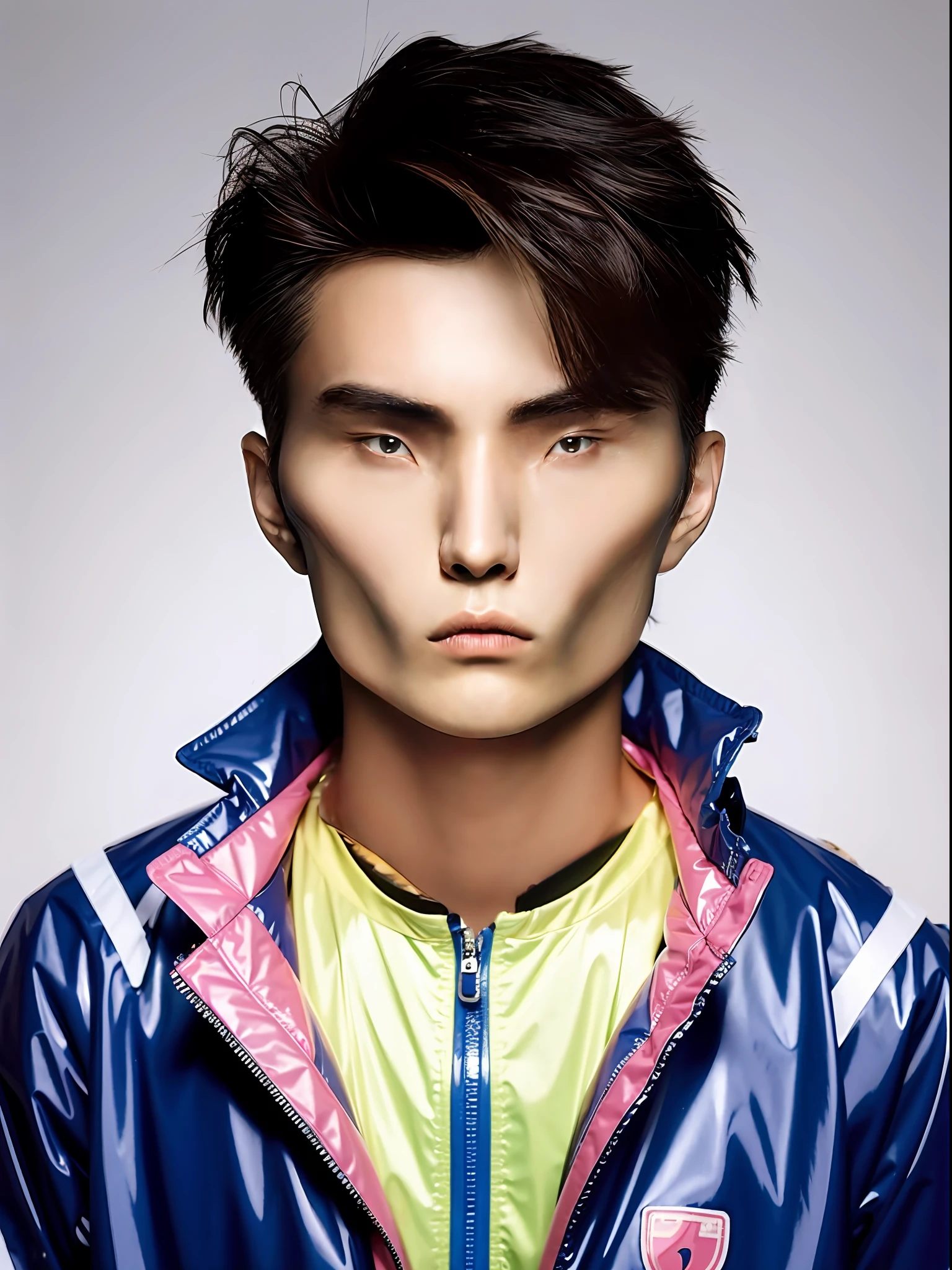 Chinese male high school student，Wearing a PVC light pink storm jacket