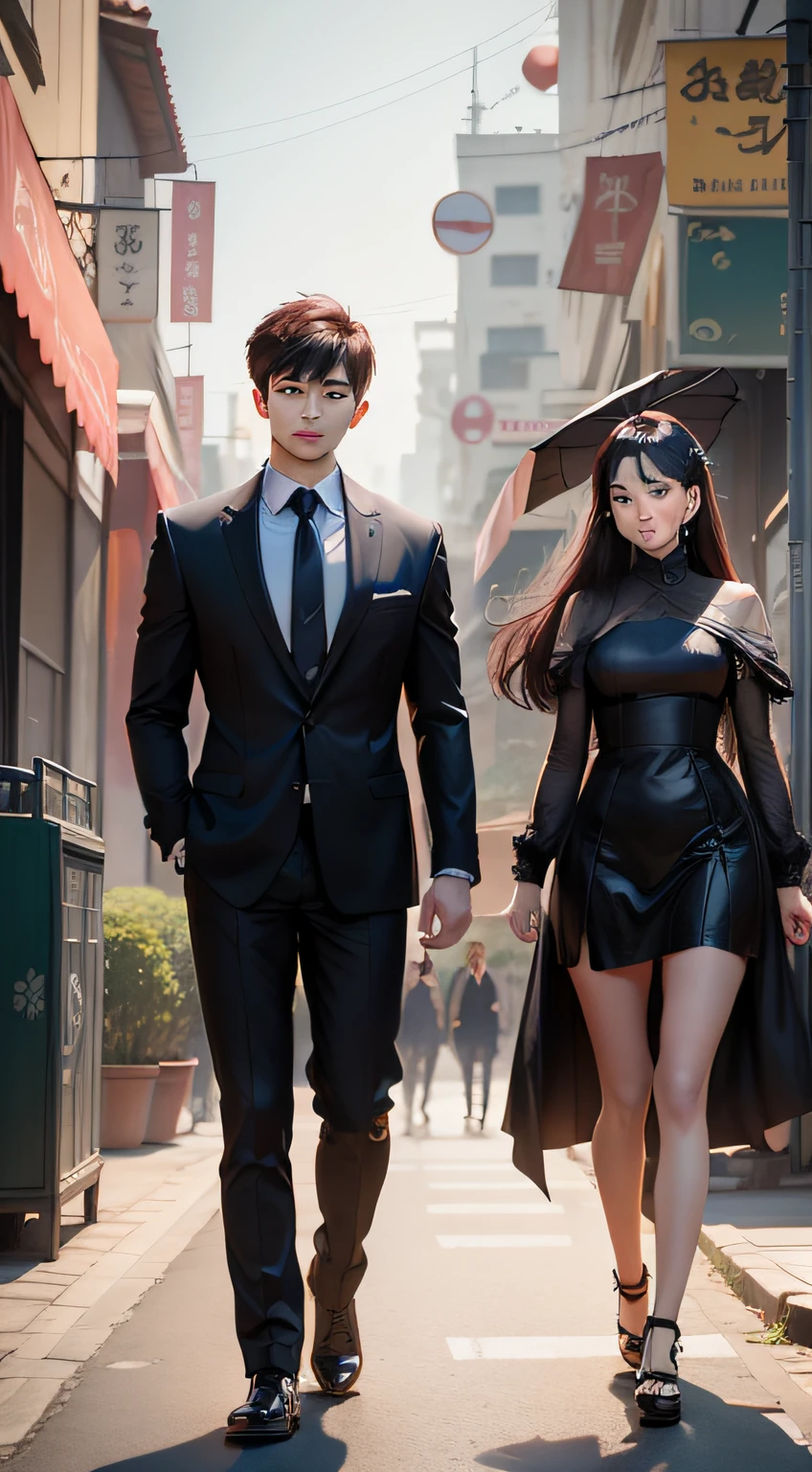 Web novel cover，A pair of young men and women in Asia，Full body like，background city