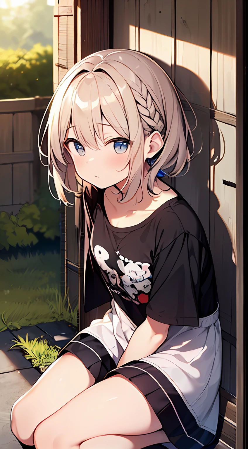 (top-quality、32K image quality、​masterpiece、nffsw:1.2)、a cute loli、Medium short hair、short braiding、beauitful face、(Slouched:1.3)、crouching down、(From  above:1.2)、(a closeup:1.4)、small curvy loli、((You can see the chest))、Bust Up Perspective、Loose baggy T-shirt、(beautiful nipple slips:0.9)、outside of house、the wind、shinny skin、blurry backround