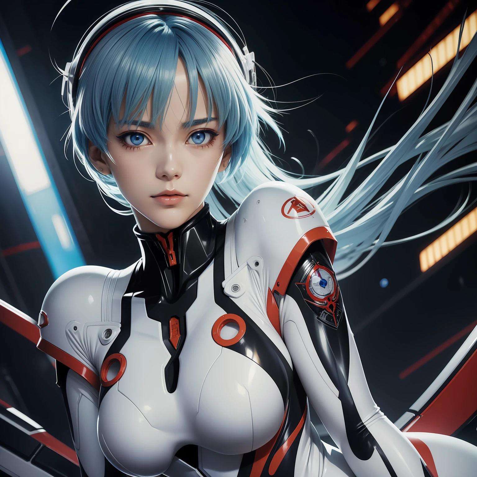 (best quality, masterpiece, colorful, dynamic angle, highest detailed)(Rei Ayanami), upper body photo, fashion photography of flirting blue bobbed hair girl (Rei Ayanami), detailed red eyes, dressing high detailed Evangelion white suit (high resolution textures), in dynamic pose, bokeh, (intricate details, hyperdetailed:1.15), detailed, sunlight passing through hair, colorful splash art background, (high contrast, Evangelion official art, extreme detailed, highest detailed),