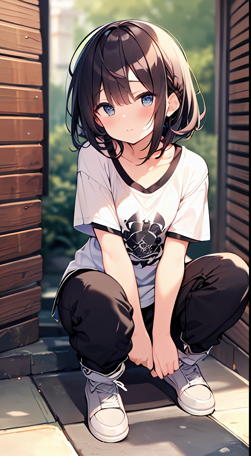 (top-quality、32K image quality、masterpiece、nffsw:1.2)、a cute 、Medium short hair、short braiding、beauitful face、(Slouched:1.3)、crouching down、(From above:1.2)、(a closeup:1.4)、small curvy loliou can see the chest))、Bust Up Perspective、Loose baggy T-shirt、(beautiful nipple slips:0.9)、outside of house、the wind、shinny skin、blurry backround
