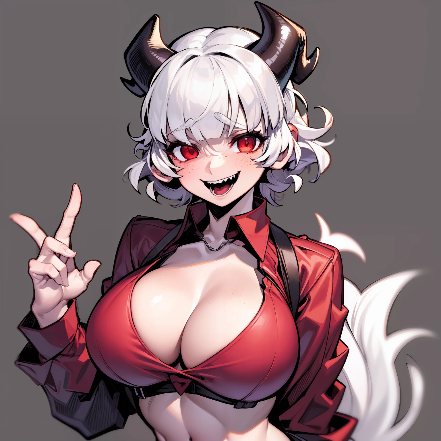 beelzebub(helltaker), freckles, white background, tail, 1girl, large breasts, red eyes, looking at viewer, demon horns, white hair, demon tail, smile, demon girl, simple background, collared shirt, horns, navel, white horns, solo, short hair, red shirt