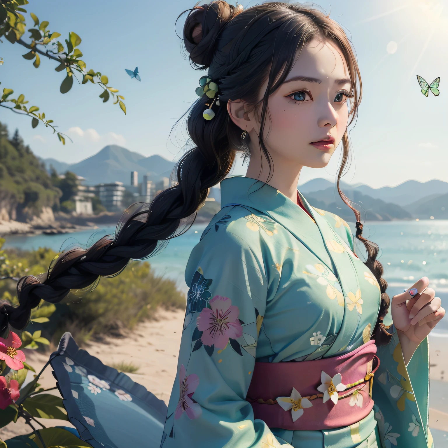 １girl with, ((​masterpiece、top-quality、ultra-definition、hight resolution))、4K picture quality、((Beautuful Women))、22year old、wetted skin、radiant eyes、perfect  eyes、(Beautiful Nordic sisters)、the beach,Background crowd、((Curly hair in braids、Bun１))、((facial close-up))、(((Wearing a green bell sleeve yukata)))、((The pattern of the yukata is、They range from fancy floral patterns to swallowtail butterflies..))、((Use primary colors for yukata colors))、​masterpiece、top-quality、ultra-definition、hight resolution))、4K picture quality、(((Enlarged close-up of the face)))、((Wearing a green bell sleeve yukata))、Click here for the line of sight、