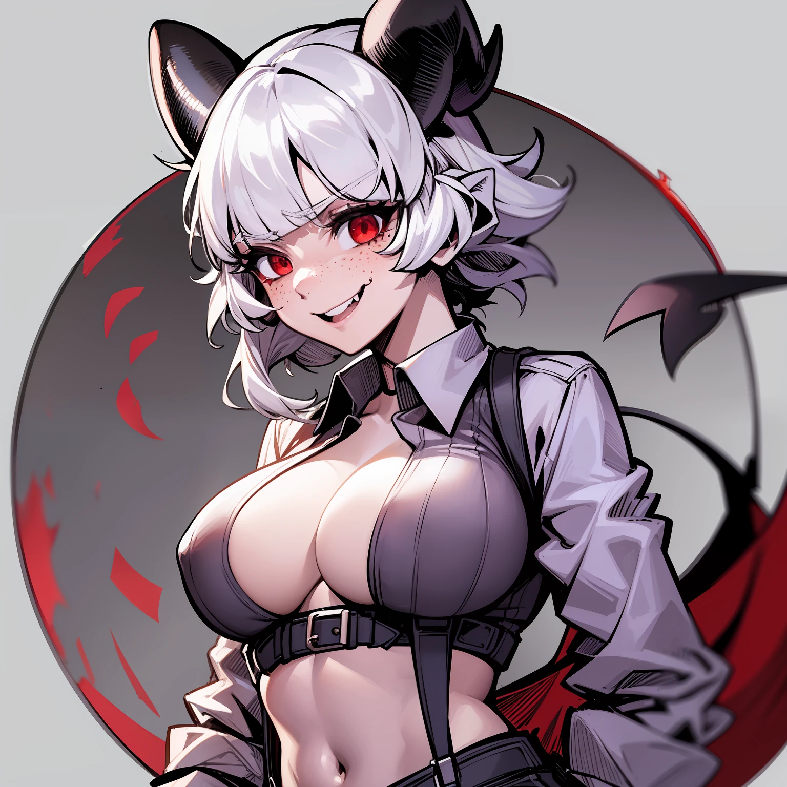 beelzebub(helltaker), freckles, white background, tail, 1girl, large breasts, red eyes, looking at viewer, demon horns, white hair, demon tail, smile, demon girl, simple background, collared shirt, horns, navel, white horns, solo, short hair, red shirt