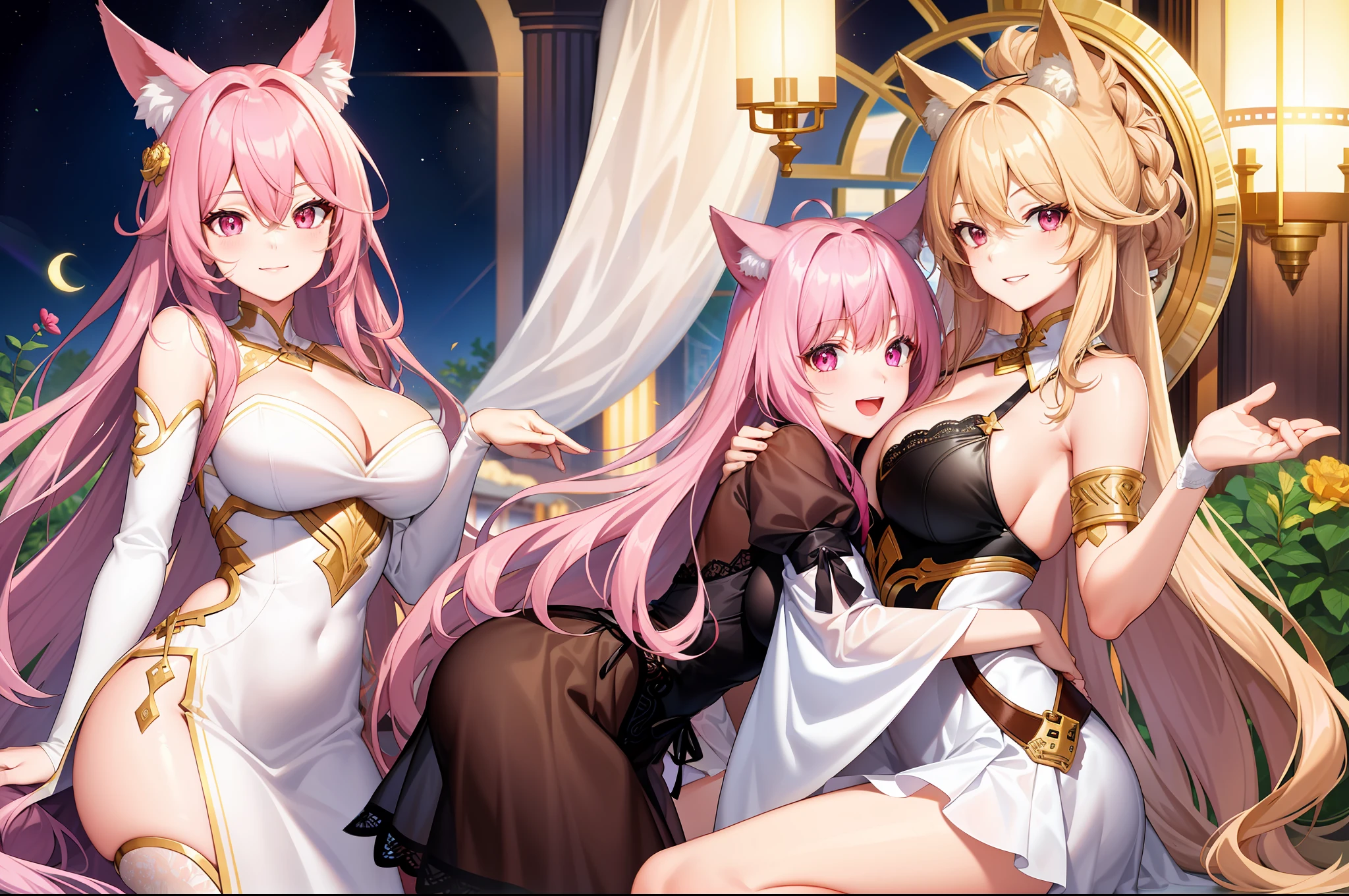 Good anatomy, 2 girls, hugs, Light smile, Fox_hor ears, Noble, Lace dress, jewel, Pink eyes, hair between eye, Striped hair, sliver long hair, Large breasts