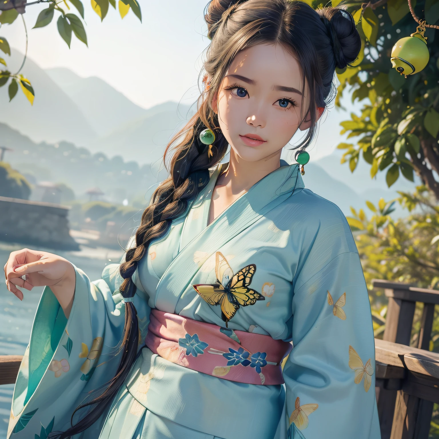 1girl with, ((masterpiece、top-quality、ultra-definition、hight resolution))、4K picture quality、((Beautuful Women))、22year old、wetted skin、radiant eyes、perfect eyes、(Beautiful Nordic sisters)、the beach,Background crowd、((Curly hair in braids、Bun1))、((facial close-up))、(((Wearing a green bell sleeve yukata)))、((The pattern of the yukata is、They range from fancy floral patterns to swallowtail butterflies..))、((Use primary colors for yukata colors))、masterpiece、top-quality、ultra-definition、hight resolution))、4K picture quality、(((Enlarged close-up of the face)))、((Wearing a green bell sleeve yukata))、Click here for the line of sight、