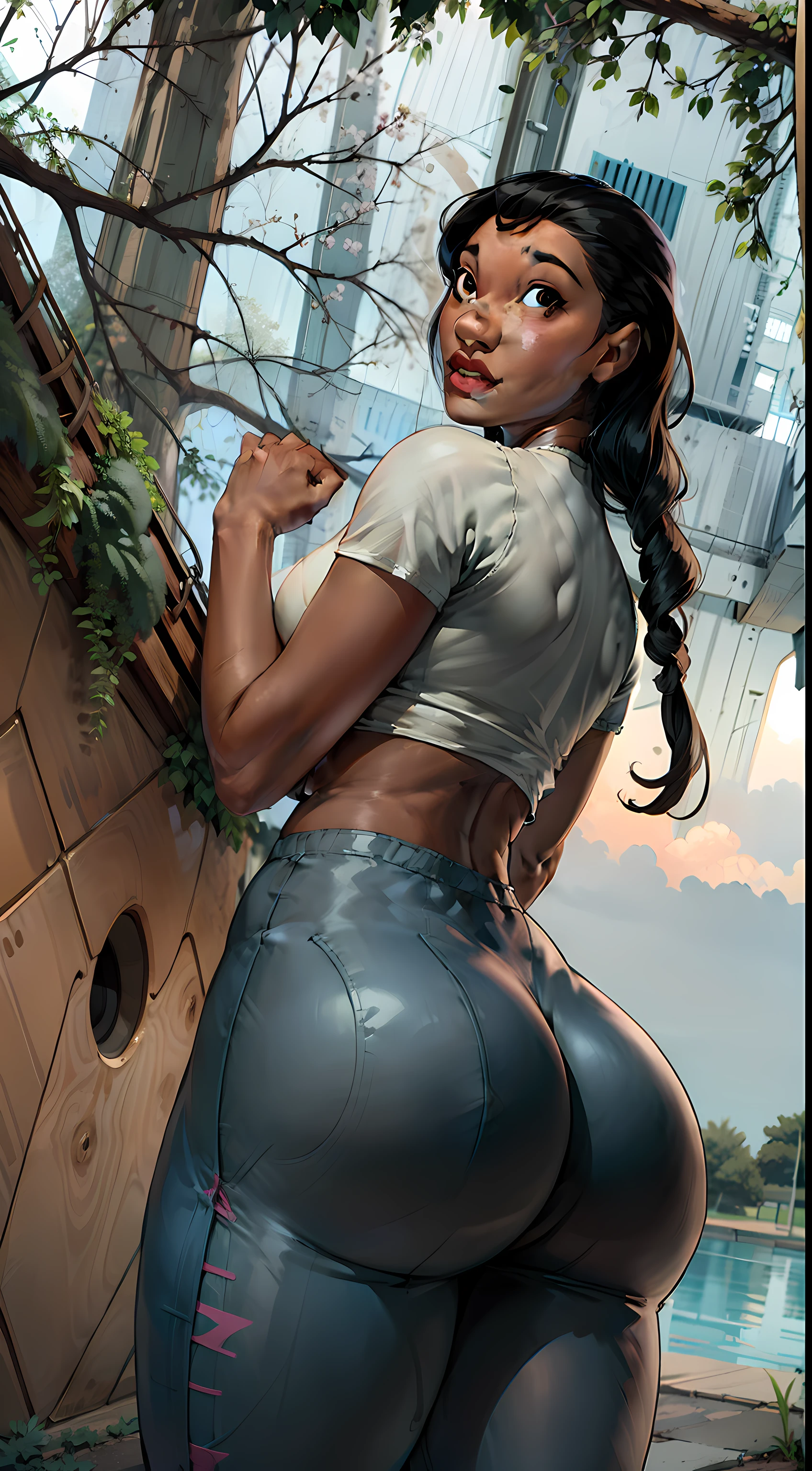 (1girl, Nani pelekai (naniwaifu), brown skin, large hair, sexy beautiful, detailed beautiful (curvy atletic body) (tight pants), standing next to a tree,(thicc, 🐎🍑), huge large tight buttocks), (tight outfit), cottagecore!! fitness body, tight attire, fit girl, toned derriere, big booty, mia kischner, two piece workout clothes, back arched, view from behind, back pose, curvy accentuated booty, arched back