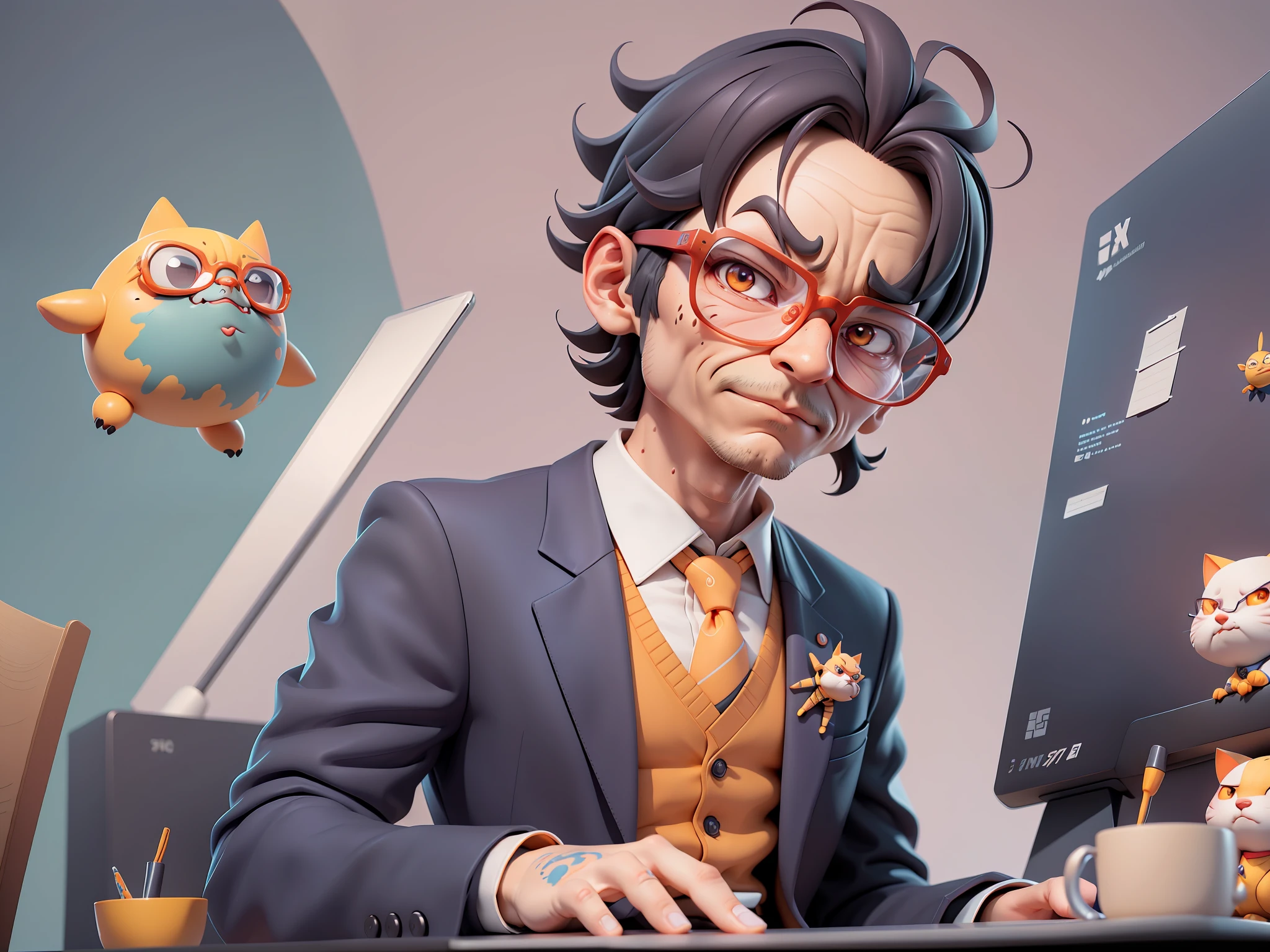 A young man in a suit, Short hair and glasses sat at his desk,holding laptop,digitial painting,tigre,3D character design by Mark Clairen and Pixar and Hayao Miyazaki and Akira Toriyama,4K HD illustration,Very detailed facial features and cartoon-style visuals。