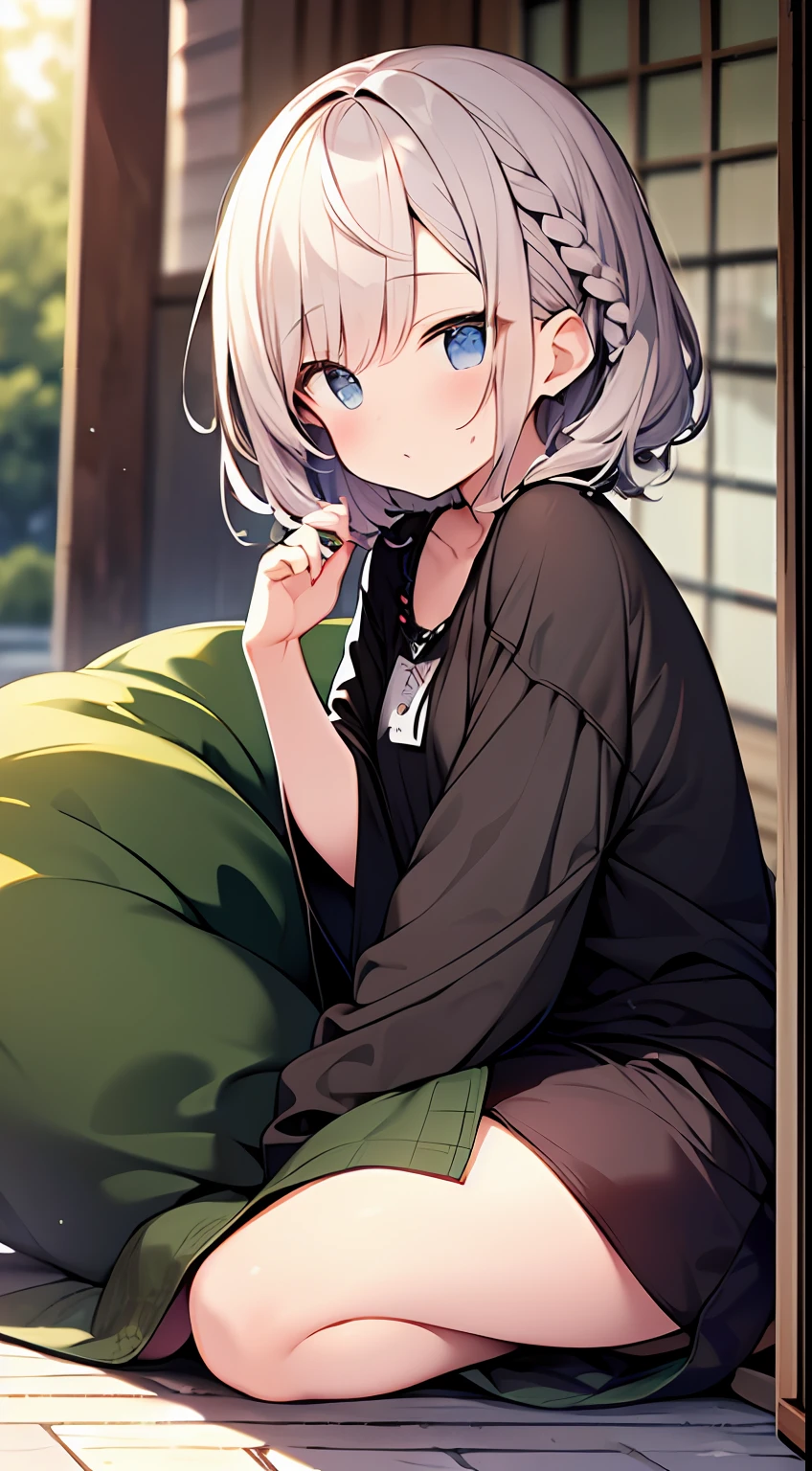 (top-quality、32K image quality、masterpiece、nffsw:1.2)、a cute loli、Medium short hair、short braiding、beauitful face、(Slouched:1.3)、crouching down、(From above:1.2)、(a closeup:1.4)、small curvy loli、((You can see the chest))、Bust Up Perspective、Loose baggy T-shirt、(beautiful nipple slips:0.9)、outside of house、the wind、shinny skin、blurry backround