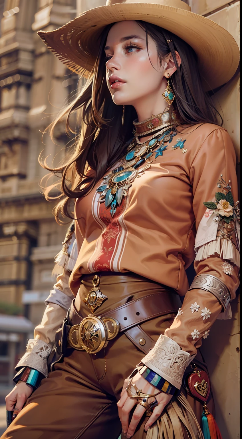 Beautiful woman in insanely intricate Cowgirl Outfit