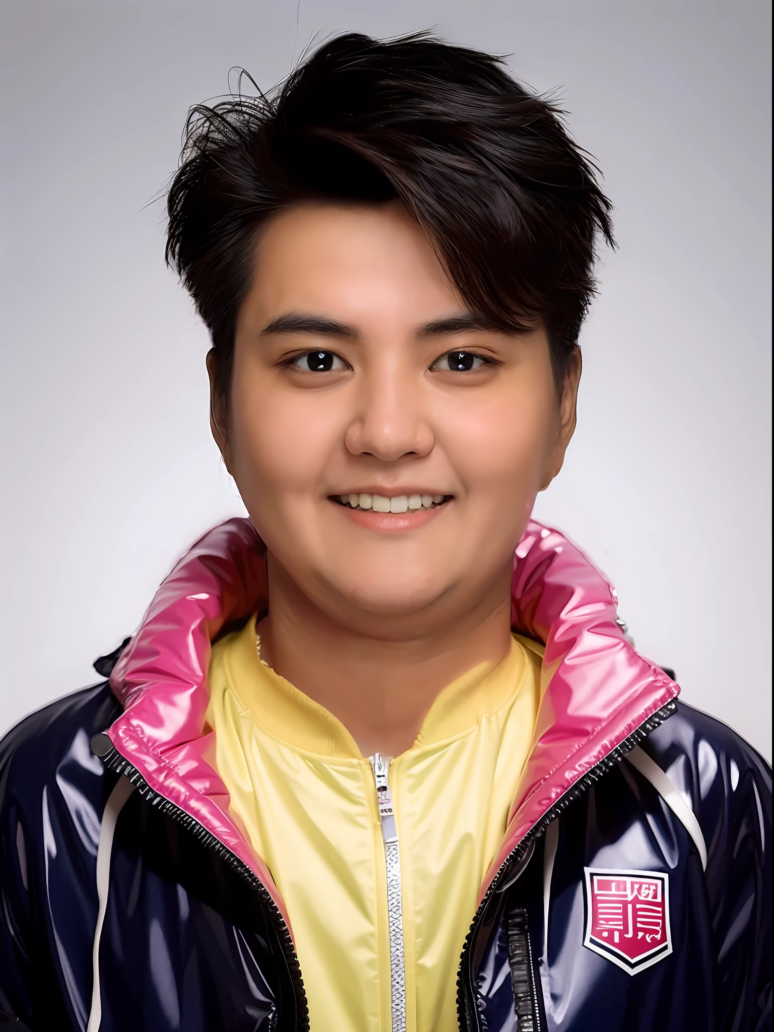 Chinese male high school student,Wearing a PVC light pink storm jacket