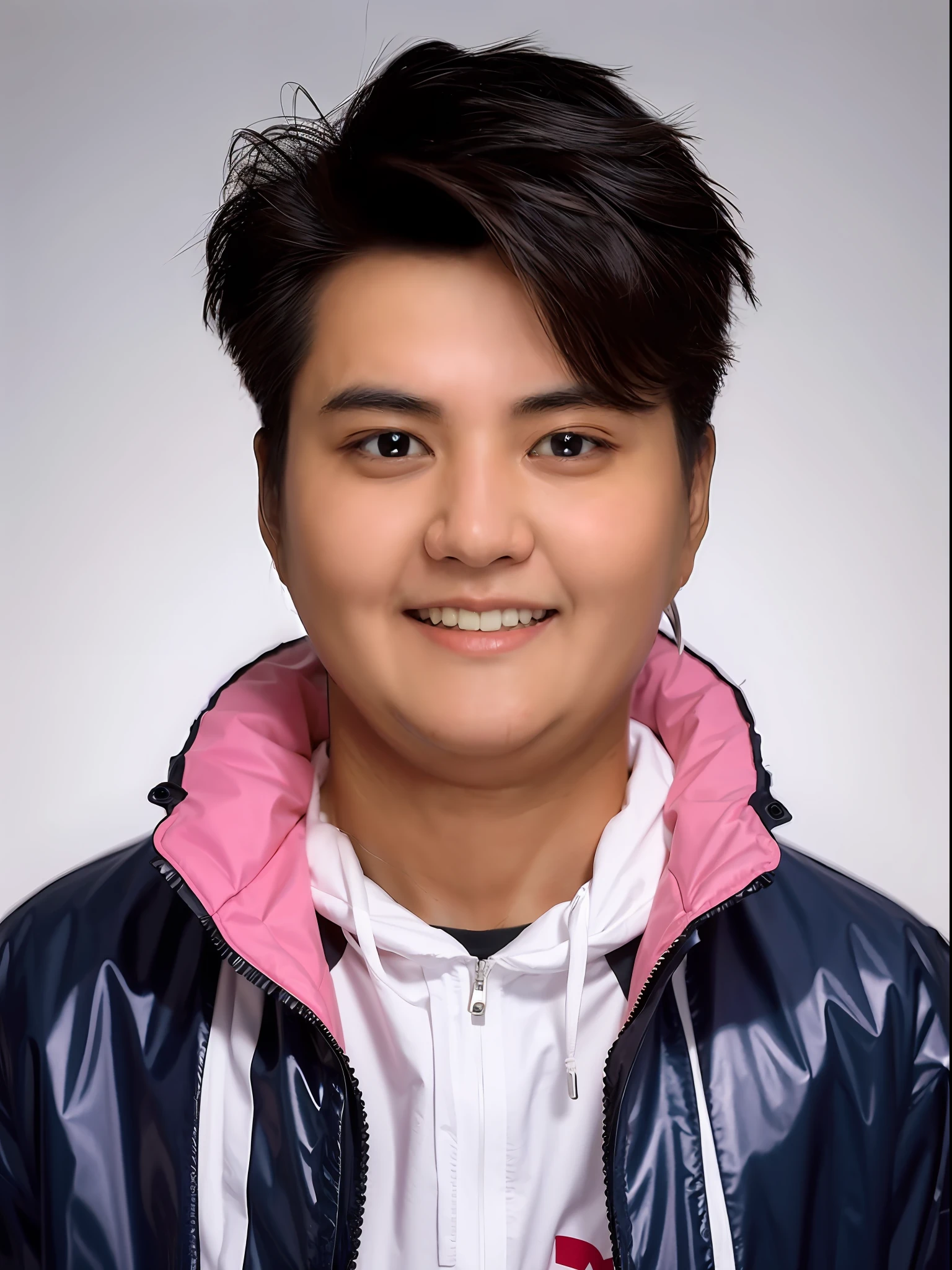 Chinese male high school student,Wearing a PVC light pink storm jacket