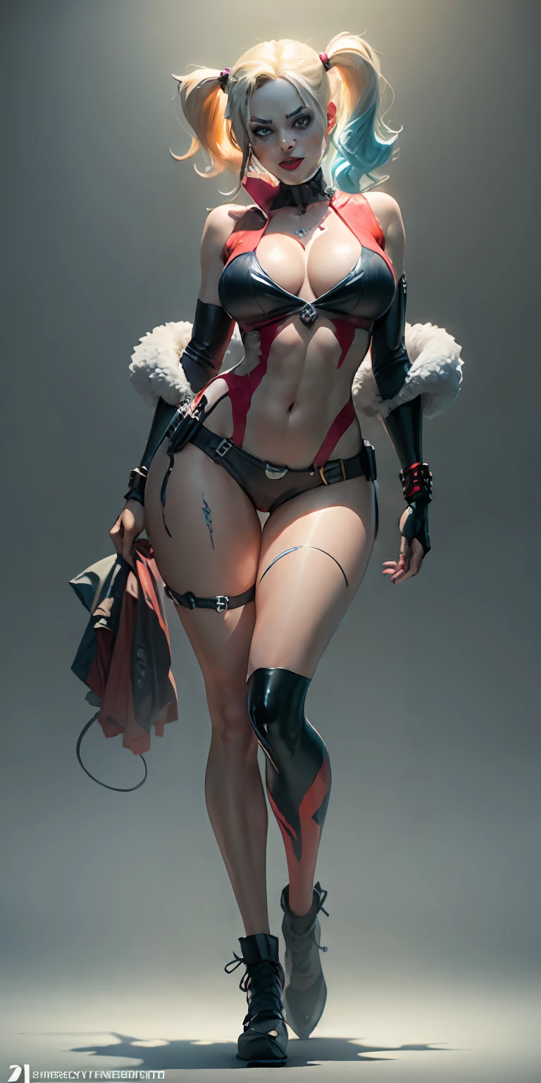 Harley Quinn from DC, melting clothes, big breasts, frontal, full-length, looking at the camera, facing the audience, standing pose, carnival background, three-dimensional light, detailed full-body concept, sleek digital concept art, beautiful full-body concept art, art trend, CGsociety full-length,