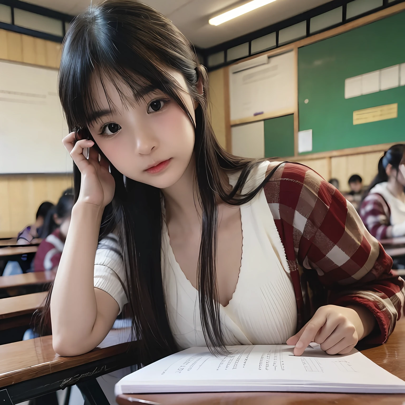 a photo of sakuraioficial, 18 year old girl in the classroom, close up, (intricate details:0.8), (hdr, hyperdetailed:1.2)