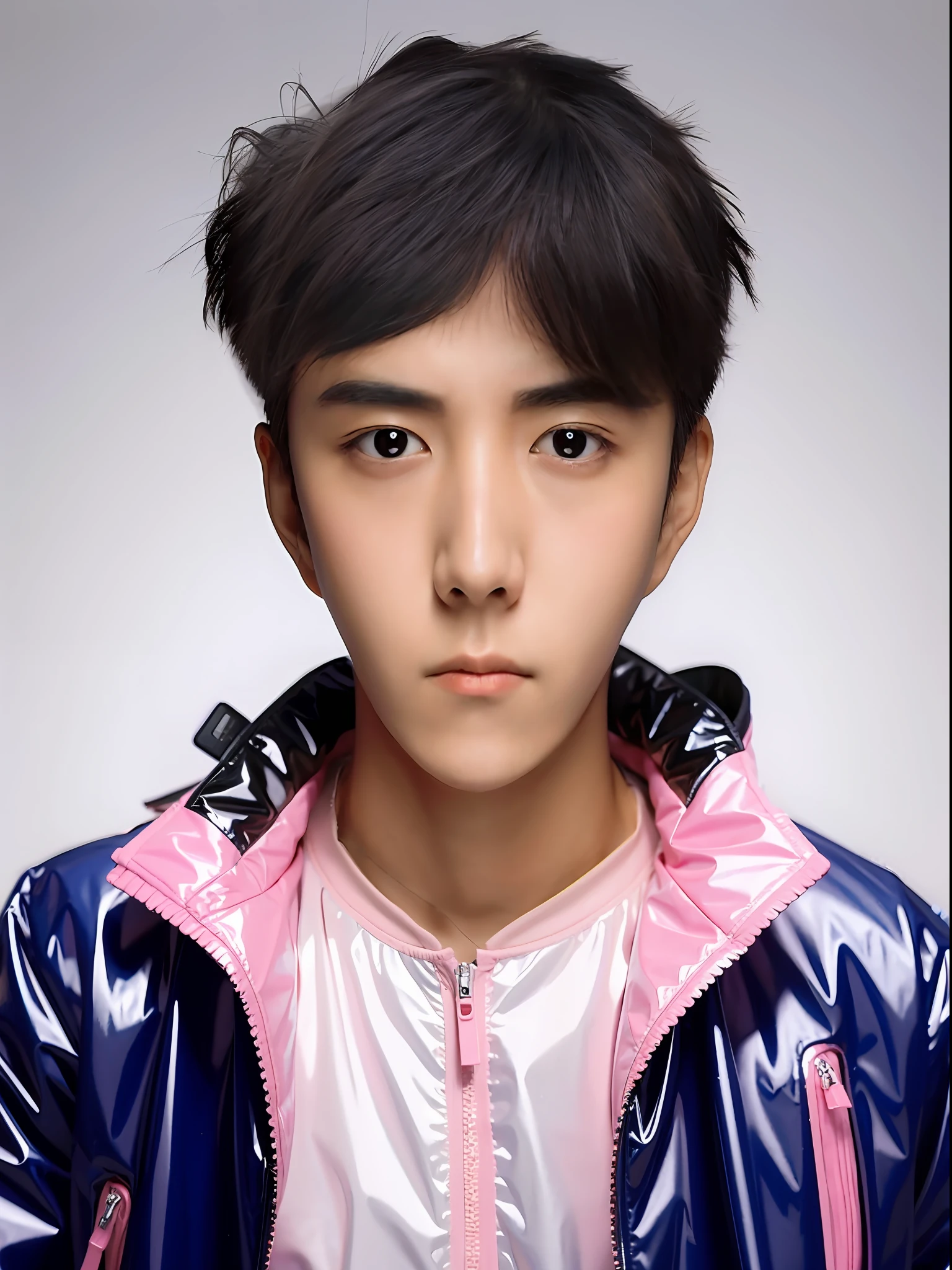 Chinese male high school student，Wearing a PVC light pink storm jacket