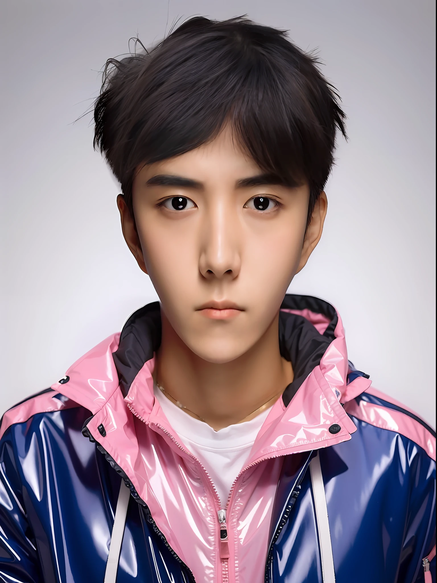 Chinese male high school student,Wearing a PVC light pink storm jacket