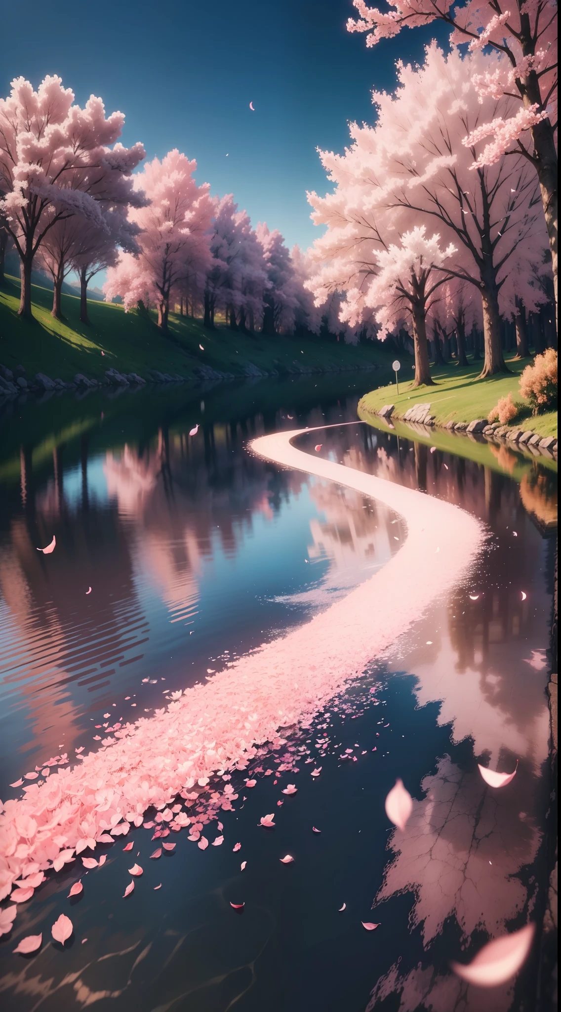 heaven pink, cherry tree, lago em volta, luz do sol, Falling cherry tree petals, cherry petals floating, water, lagoa, rosa e branco, volumetric lighting BREAK (obra-prima: 1.2), (melhor qualidade), 4k, ultradetalhado , (dynamic compositing: 1.4), detalhes coloridos altamente detalhados (cores iridescentes: 1.2), (bright illumination, Atmospheric Illumination) (Melhor qualidade), (Realista,Fotorrealista:1,37), (obra prima),