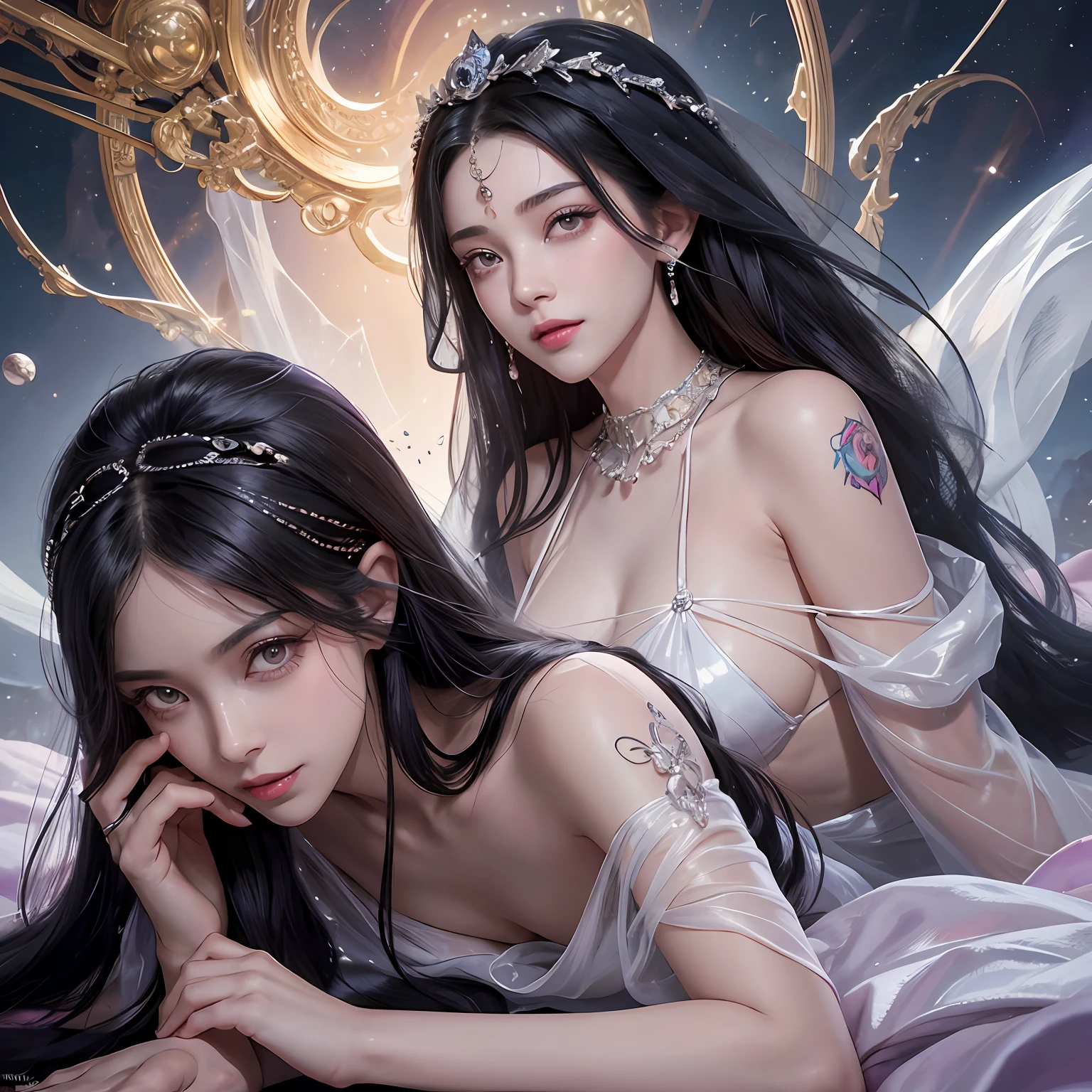 Black hair, Gradient hair, There are precious stones on the forehead, rimless eyewears, mouth veil, Sparkling pupils,long eyelasher, grin, hyper photorealism, Cinematic lighting, projected inset, surrealism, hyper HD, Masterpiece, 16k,Lie down,dream on,Wear transparent silk pajamas,entangled,Tattooed with,Fantasy space,Luxurious space