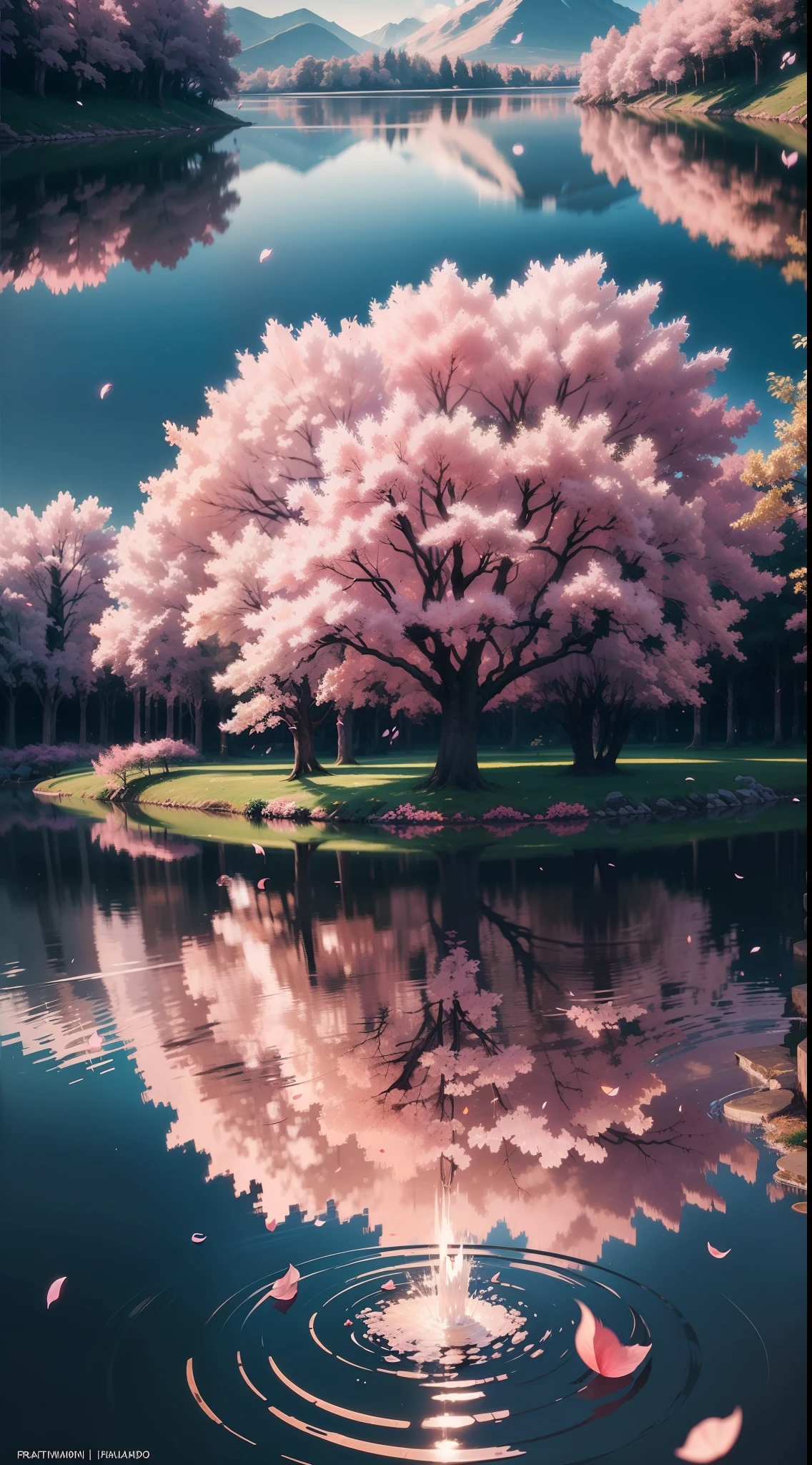 heaven pink, cherry tree, lago em volta, luz do sol, Falling cherry tree petals, cherry petals floating, water, lagoa, rosa e branco, volumetric lighting BREAK (obra-prima: 1.2), (melhor qualidade), 4k, ultradetalhado , (dynamic compositing: 1.4), detalhes coloridos altamente detalhados (cores iridescentes: 1.2), (bright illumination, Atmospheric Illumination) (Melhor qualidade), (Realista,Fotorrealista:1,37), (obra prima),