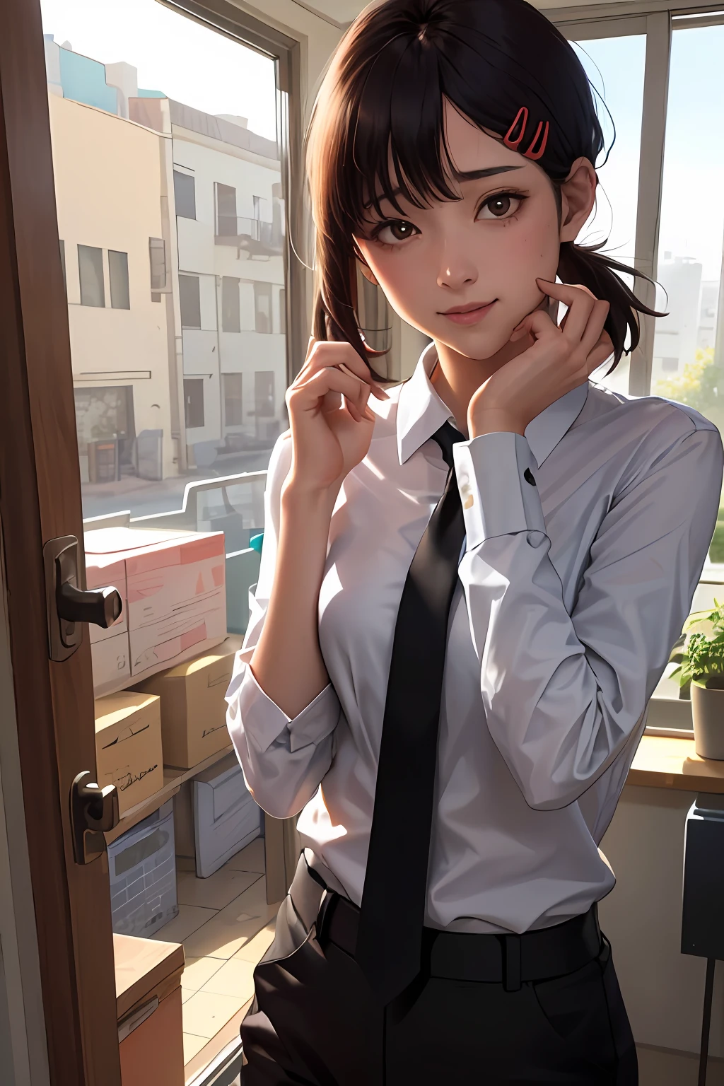masterpiece, best quality, ultra-detailed, illustration, epic lighting, cinematic composition, isometric, 1girl, solo, cute, brown eyes, black hair, swept bangs, single sidelock, red hairclip, white collared shirt, black necktie, black pants, formal, enchanting gaze, captivating pose, indoors, office, door, opening door, looking at viewer, peeking out upper body, blush, seductive smile, closed mouth,(8k:1.1),