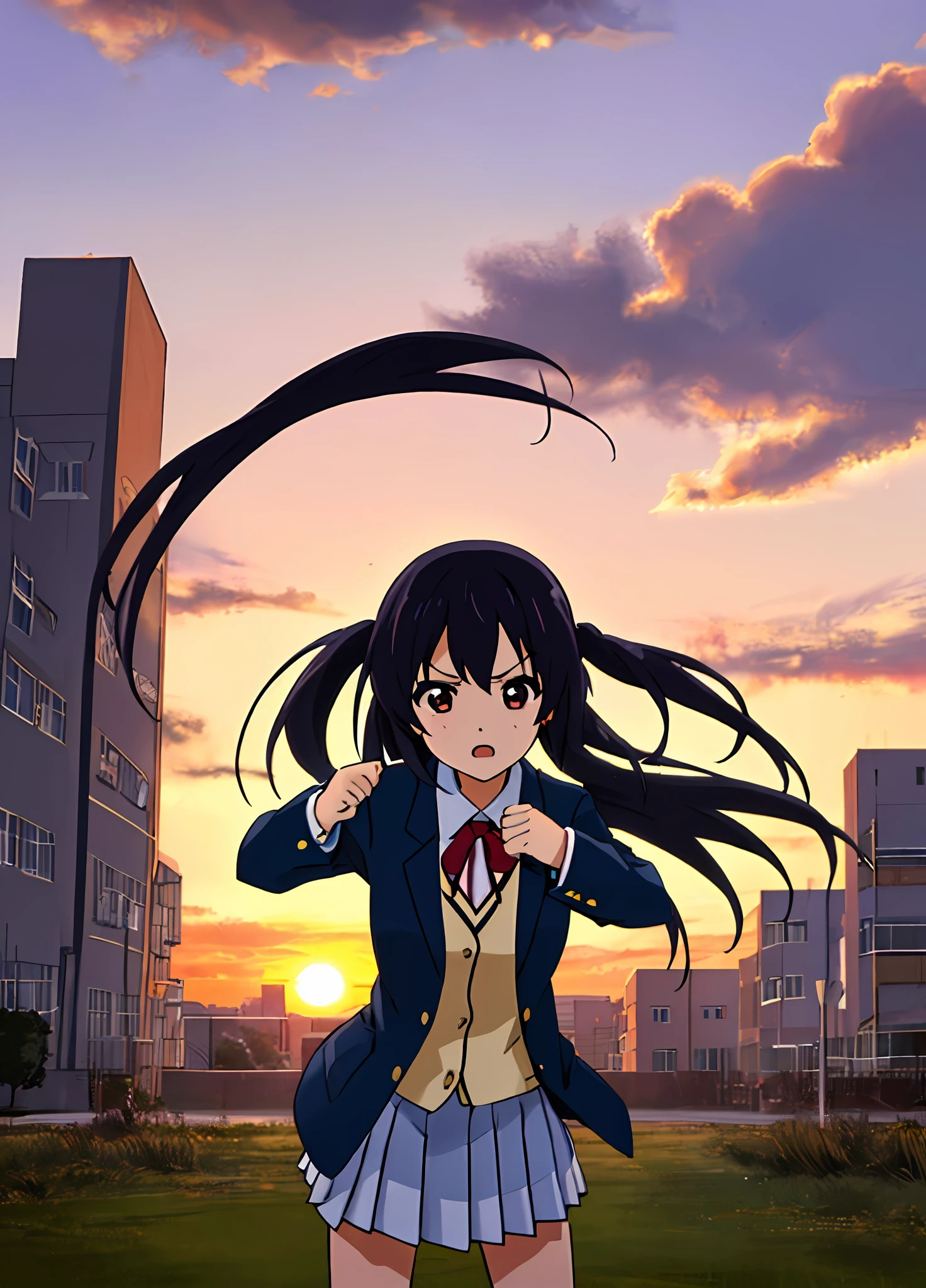 1girl, (((masterpiece))), top-quality, top-quality, High Details, nakano azusa, 1girl, Sakuragaoka High School Uniform, student clothes, Twin-tailed, length hair, A dark-haired, brown-eyed, 独奏, reddish, Dark blue blazer with thin red ribbon, Solid white buttoned shirt under blazer, illustratio, comic strip, soothing tones, Subdued Color, Soft cinematic light, adobe lightroom, photolab, HDR, intricately and hyper-detailed、(((depth of fields))))。(((masterpiece)))。(((top-quality))).)((ultra-detailliert)))。(((illustratio)))。(((takeout))).dynamic focus.big breasts.(((Skyscrapers))).(((A city scape))).(((Face of sadness))). open mouth.(((fighting stance))).(((up chest))).((evening glow)).((the setting sun)).