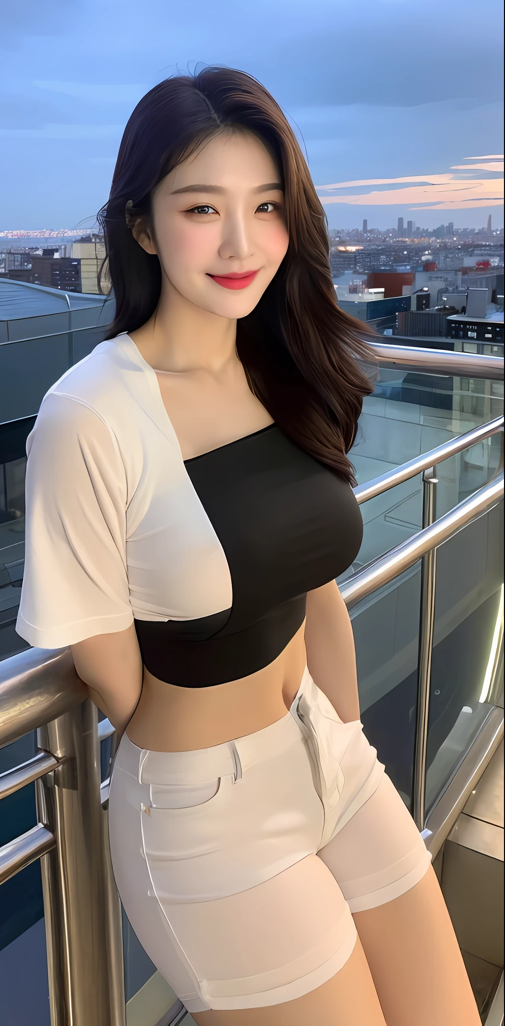 ((Midnight, Best quality, 8k, Masterpiece :1.3)), Whole body, Long legs, Sharp focus :1.2, A pretty woman with perfect figure :1.4, Slender abs :1.1, ((Dark brown hair, Big breasts :1.2)), (White tight tshirt, crop top, Jean shorts, Standing:1.2), ((Night city view, Rooftop:1.3)), Highly detailed face and skin texture, Detailed eyes, Double eyelid, slightly smile
