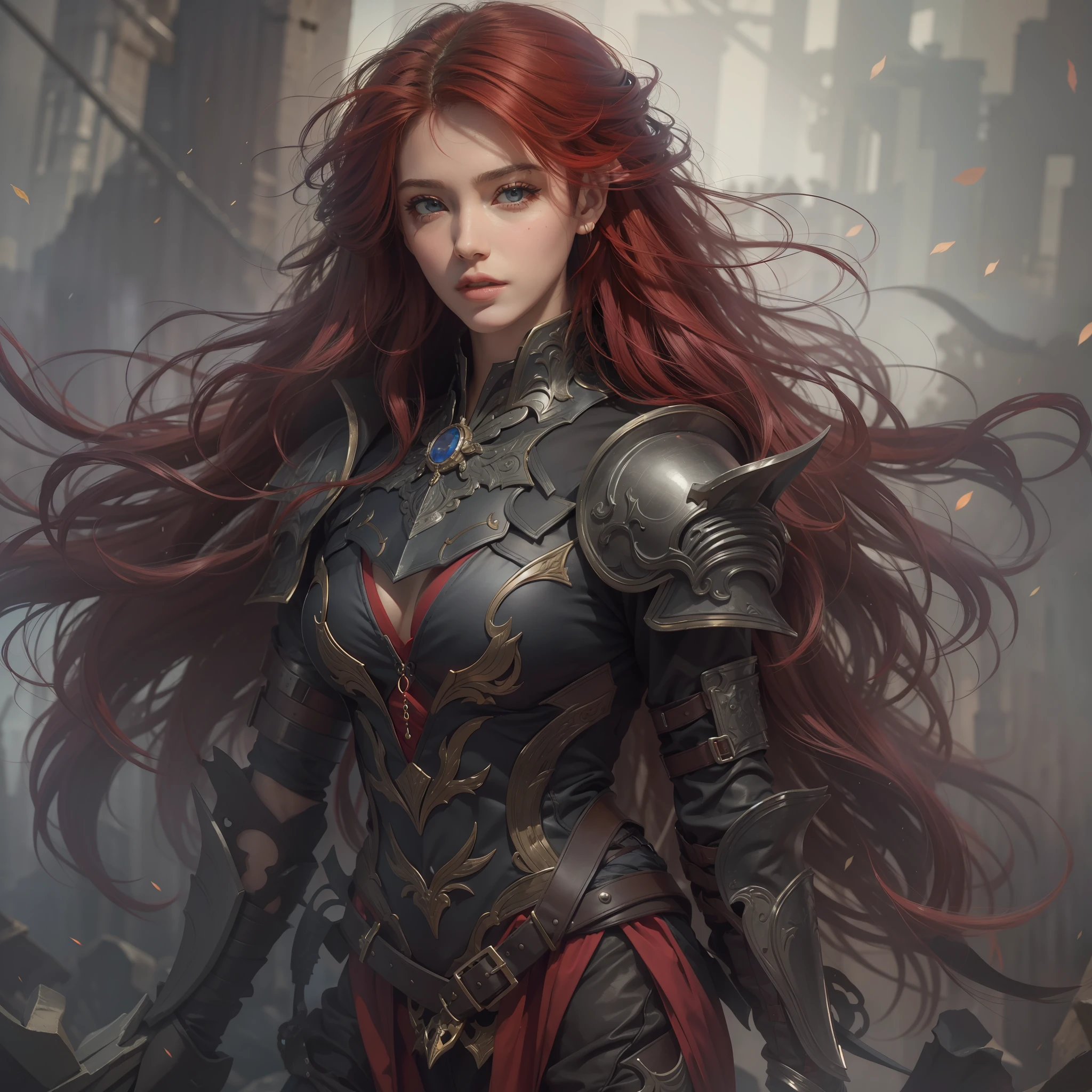 "(((obra-prima))), 8k,melhor qualidade, ultra-detallhado, High resolution CG image with a beautiful woman with red hair with bright violet eyes, retratados em detalhes fascinantes. rosto simetrico e etereo, closed lips and realistic eyes, His delicate body is accurately represented at every angle. Ela possui longos cabelos ruivos que caem suavemente sobre sua armadura negra. The upper part of his body is sculpted to perfection. "
