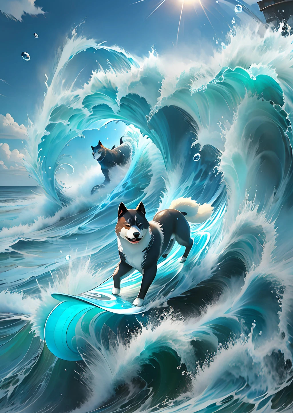 Extreme Sports Photography、Surfing、Glide along huge waves、Thrilling tension、Shiba dog、Shiba Inu Surfing、Shiba Inu close-up、mare、vague、Looking at the camera、Background bubbles、High Texture、realistic effects、water dripping、Dog's face reflected in water droplets、Surfboard Rides