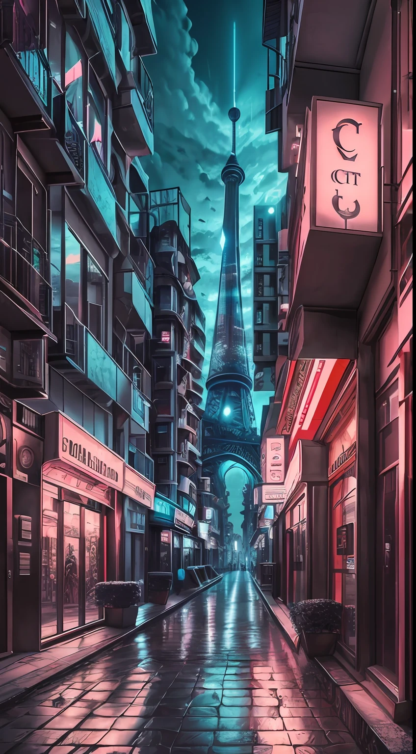 cyber punk, cities, the street, tower, exquisite detailing, Realistic and realistic, from outside, Surrealism, Gothic art, stereogram, 4K, UHD, 16k --auto --s2