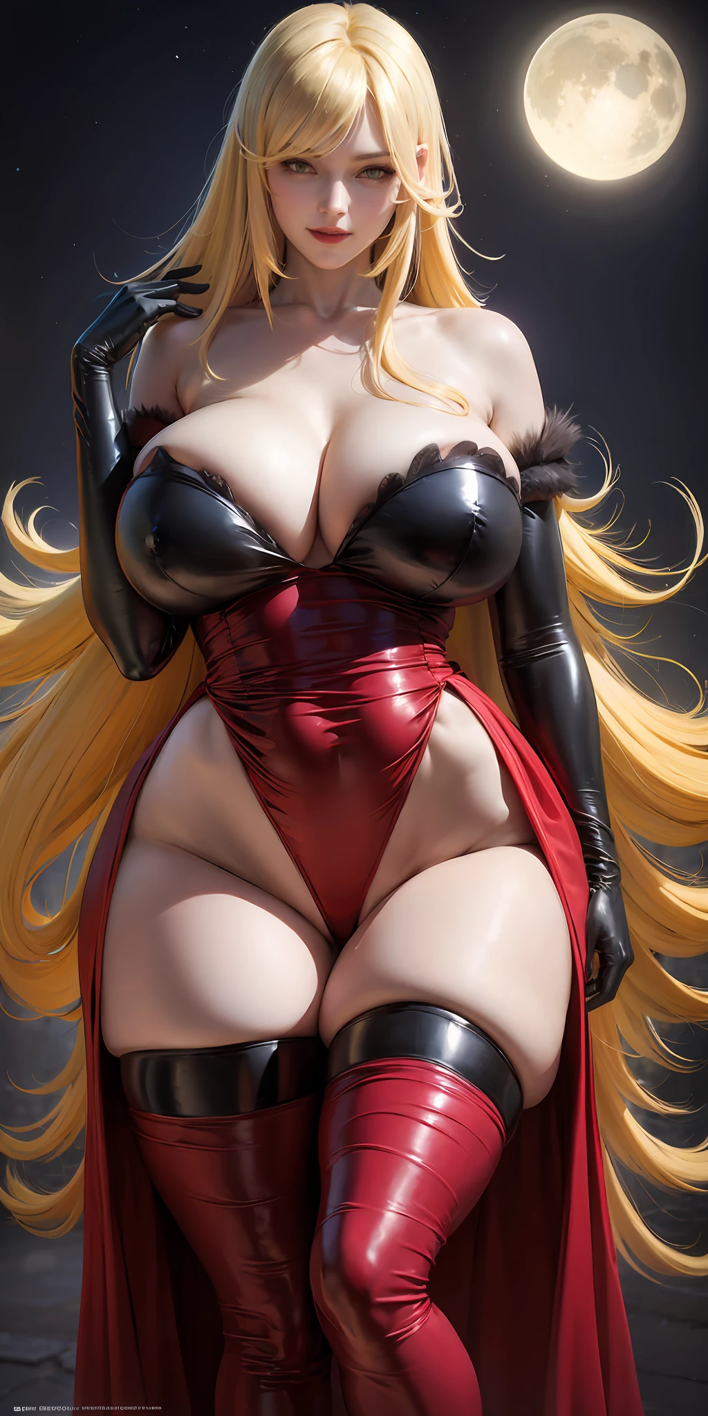 high art, fassionable, front, beautiful face focus, masterpiece, best quality, kissshotms, 1girl,mature female, large breasts, (nsfw,hentai),  night, light effect, masterpiece, best quality, (kissshotms), 1girl,mature female, large breasts,   8k, uhf, venusbody, white long gloves, wine-red dress, long dress, black theme, , venusbody, huge breasts, big ass, (abs, )muscular woman, thin waist, huge body